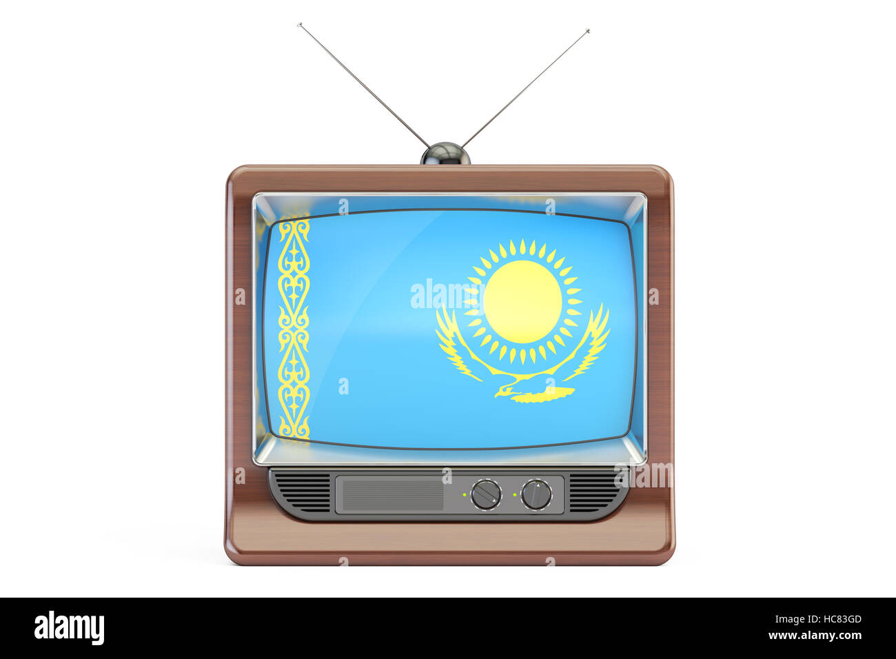 Vieux téléviseur avec drapeau du Kazakhstan. Concept de la télévision kazakhe, rendu 3D Banque D'Images Vieux téléviseur avec drapeau du Kazakhstan. Concept de la télévision kazakhe, rendu 3D Banque D'Images