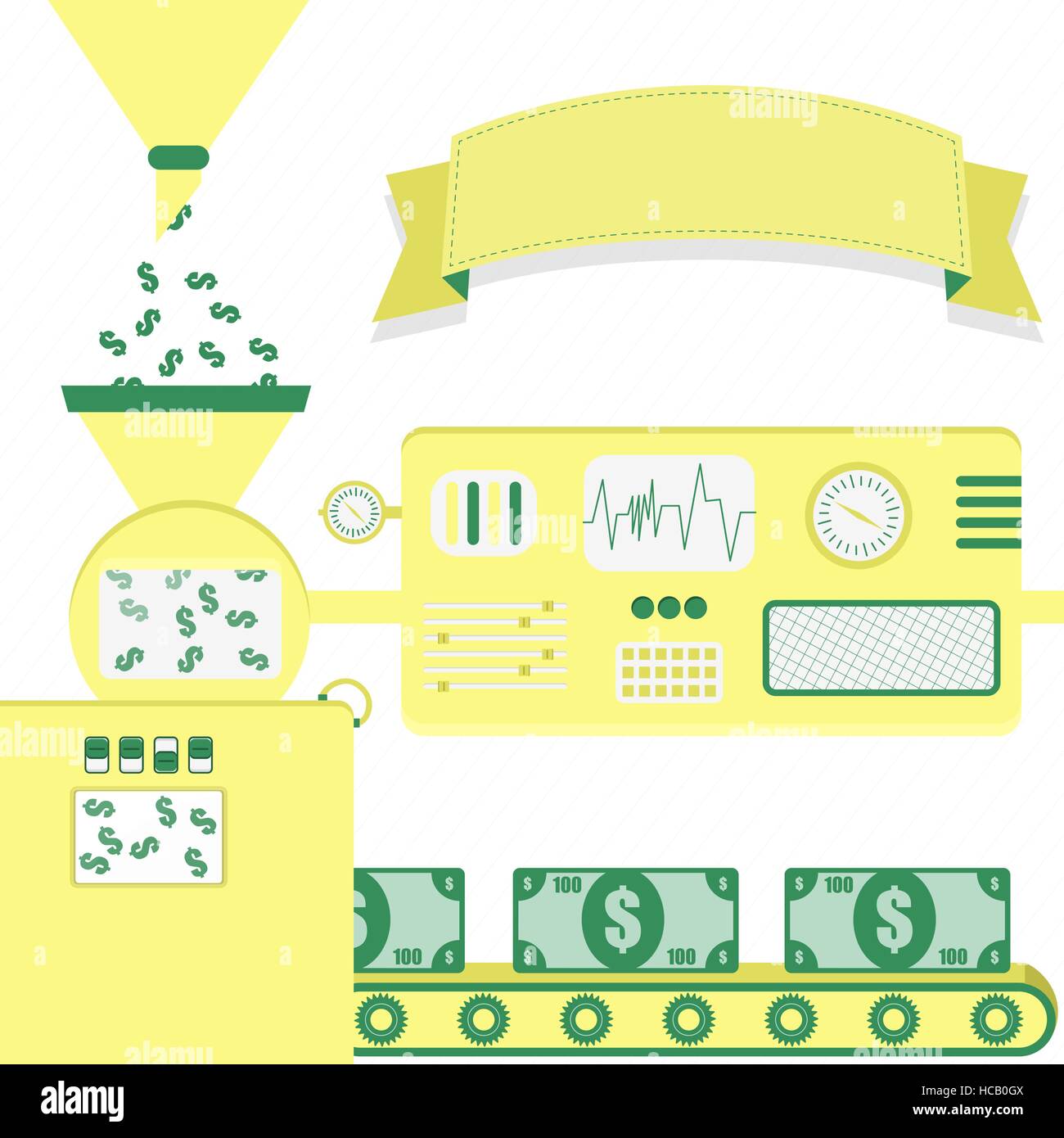 Vector illustration de l'usine de production de billets en euros. La production de l'argent dollar bill. Ruban vide pour insérer du texte. Conceptuel. Illustration de Vecteur