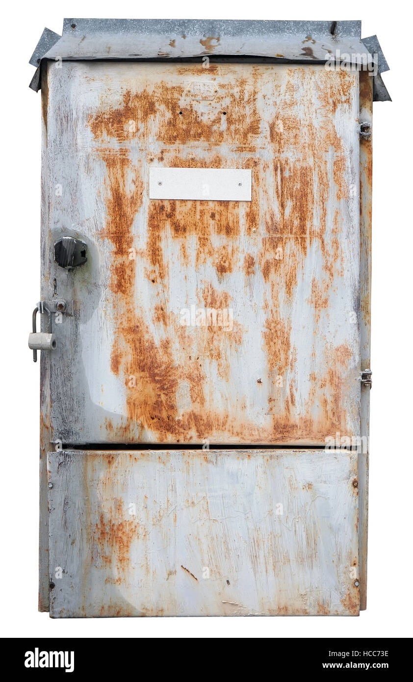 Retro Old rusty metal box pour fusibles électriques et les commutateurs. Isolé avec patch Banque D'Images