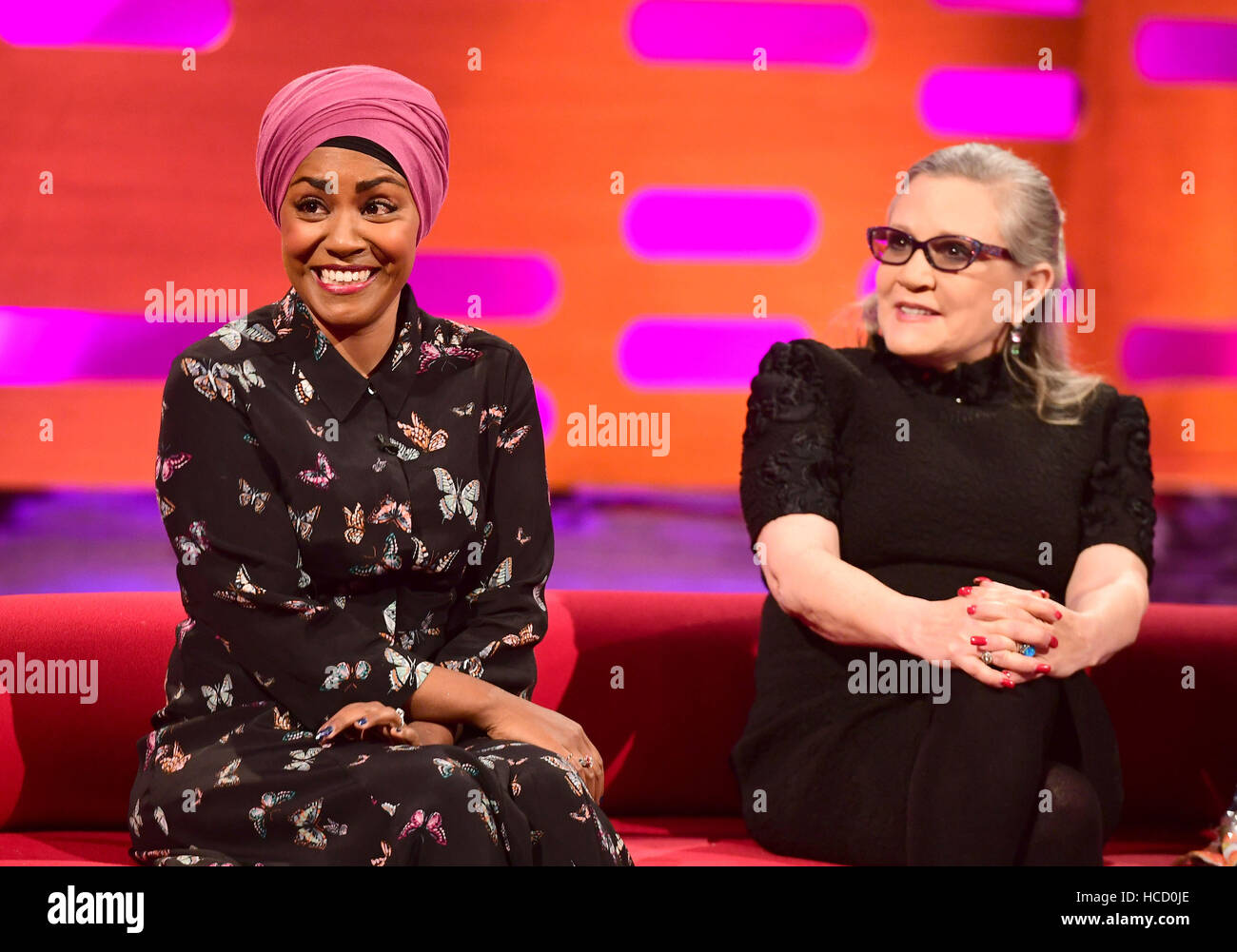 Nadiya Hussain et Carrie Fisher apparaissant sur le Graham Norton Show filmé au London Studios. Londres. Banque D'Images