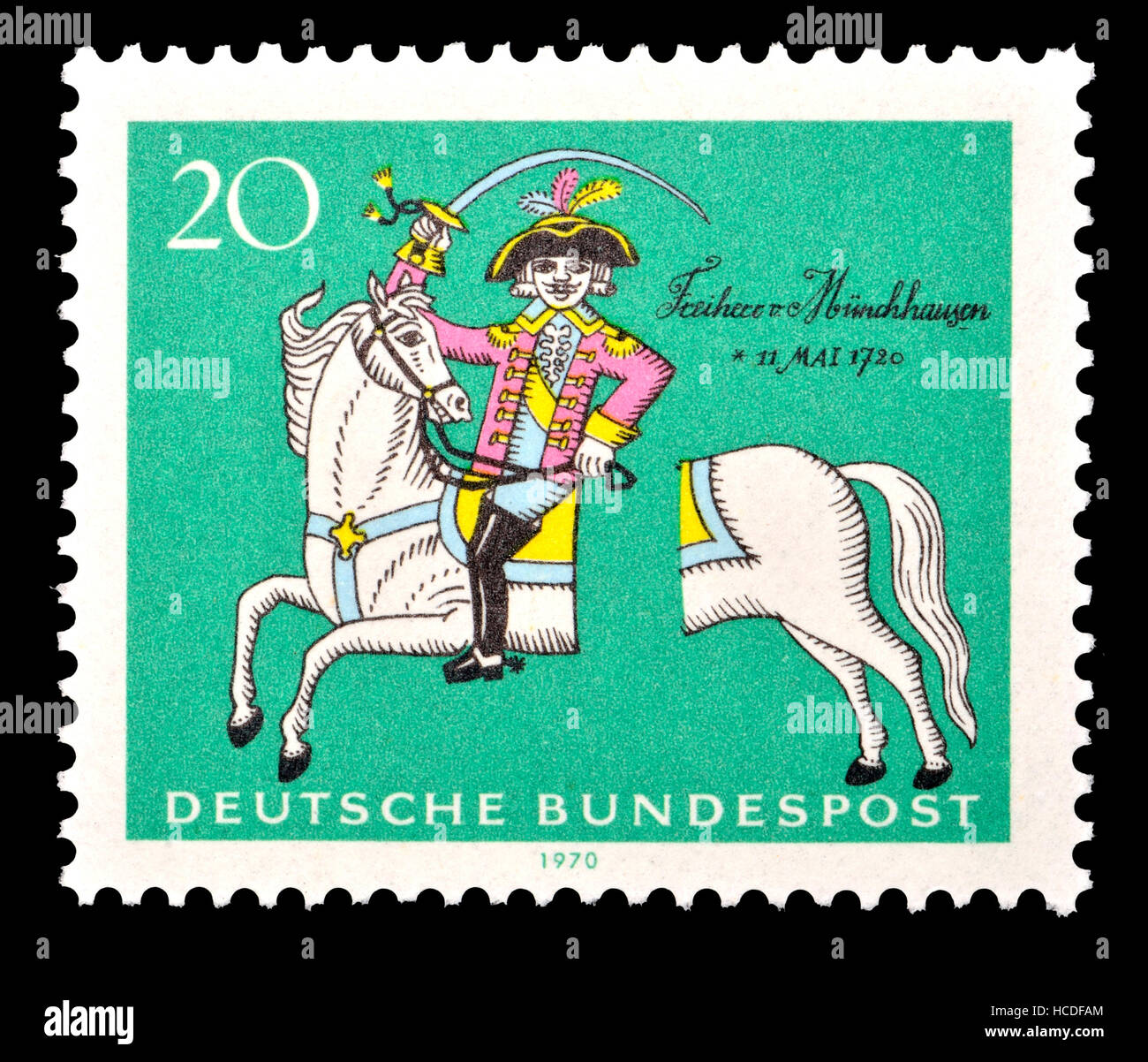 Timbre allemand (1970) : Le Baron de Münchhausen - noble allemand fictif créé par l'écrivain allemand Rudolf Erich Raspe. Basée sur un vrai Baron, Banque D'Images