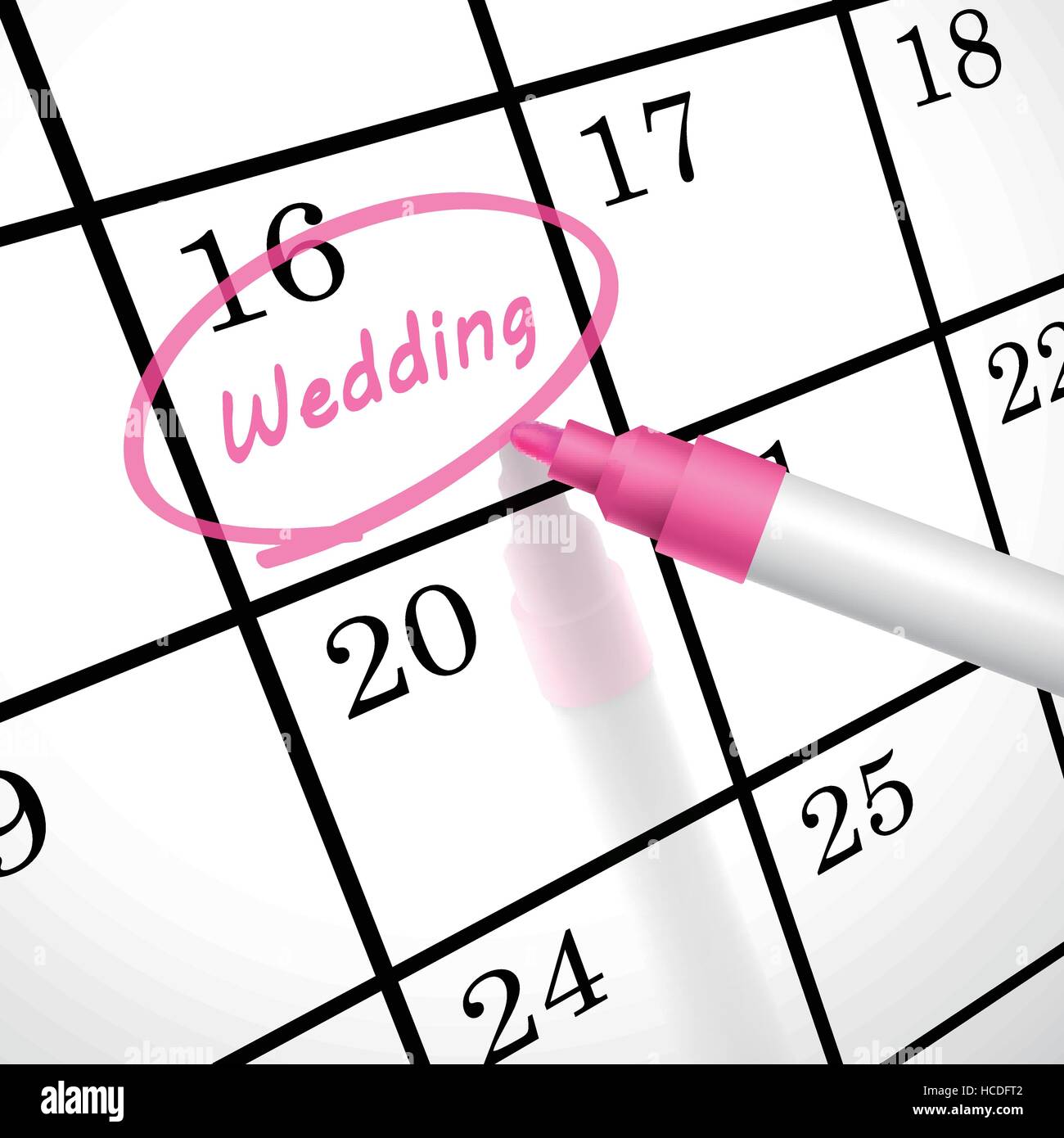 Mot de mariage cercle marqué sur un calendrier par un stylo rose Illustration de Vecteur