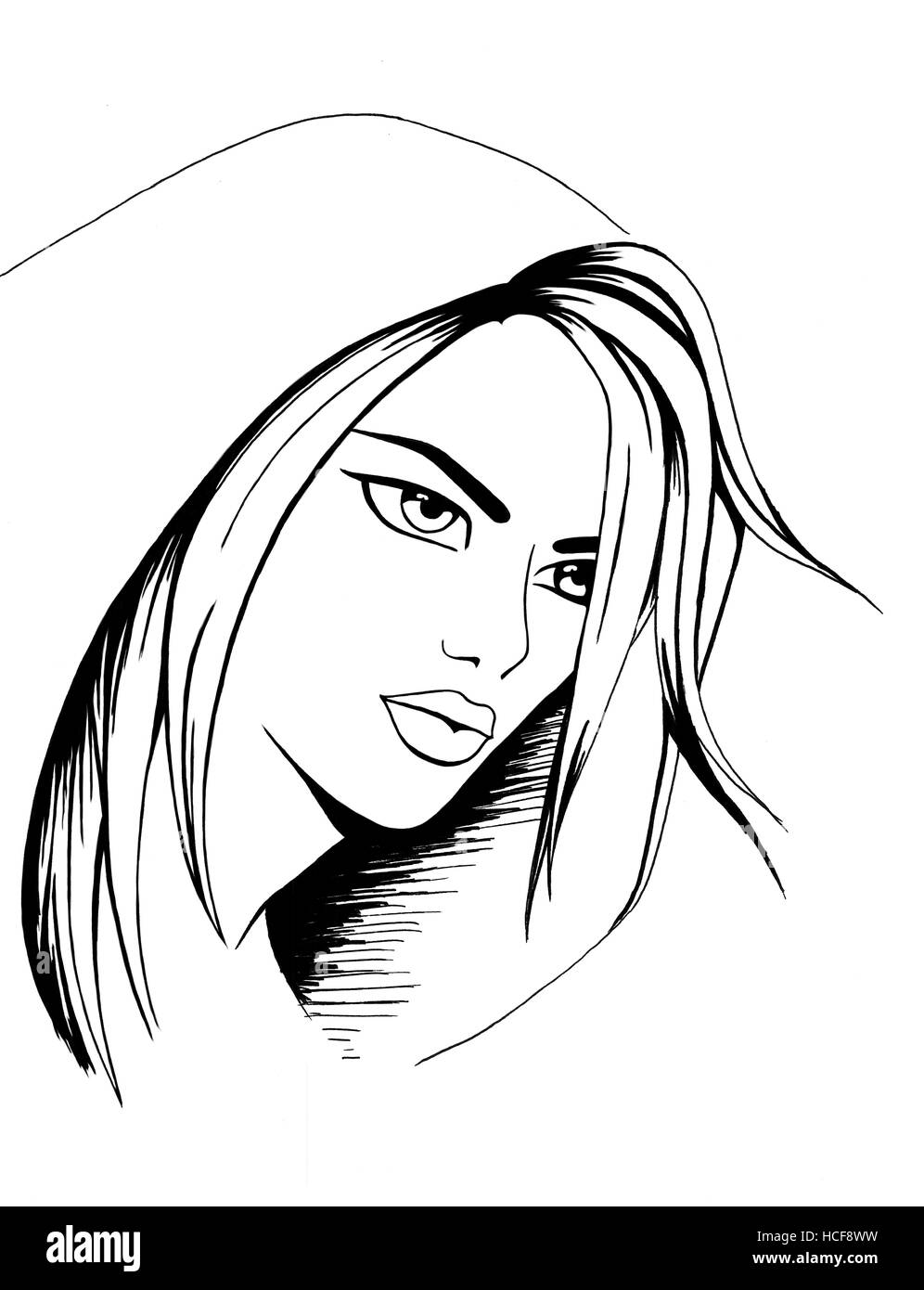 En noir et blanc indiquant le dessin d'une fille avec son capot, sur Banque D'Images