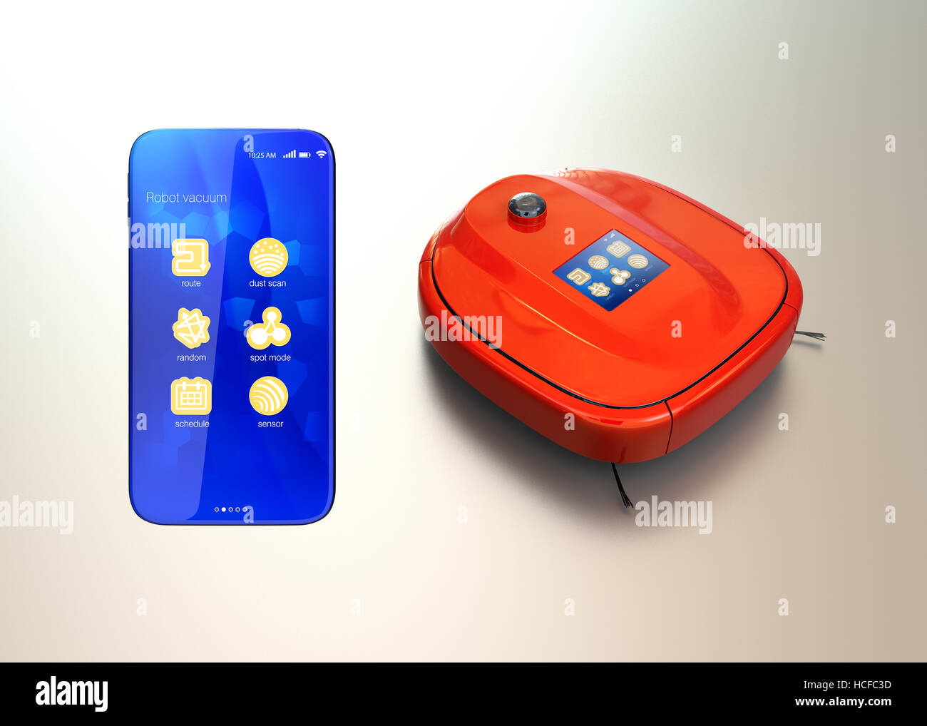 Aspirateur Robot Orange et smart phone. Appareils intelligents concept. Le rendu 3D image. Banque D'Images