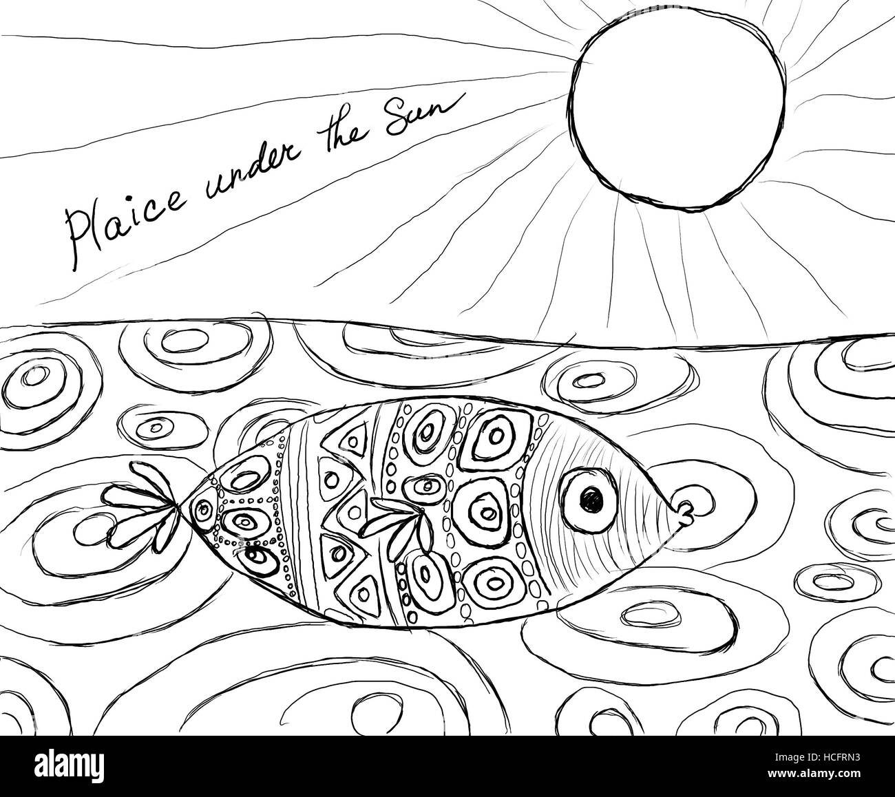 Dessin animé en noir et blanc montrant un poisson et basé sur les jeux de mots Banque D'Images