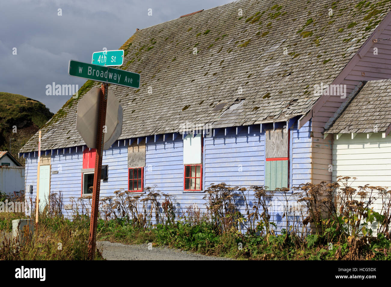 Maison altérés, Ville d'Unalaska, Îles Aléoutiennes, Alaska, USA Banque D'Images
