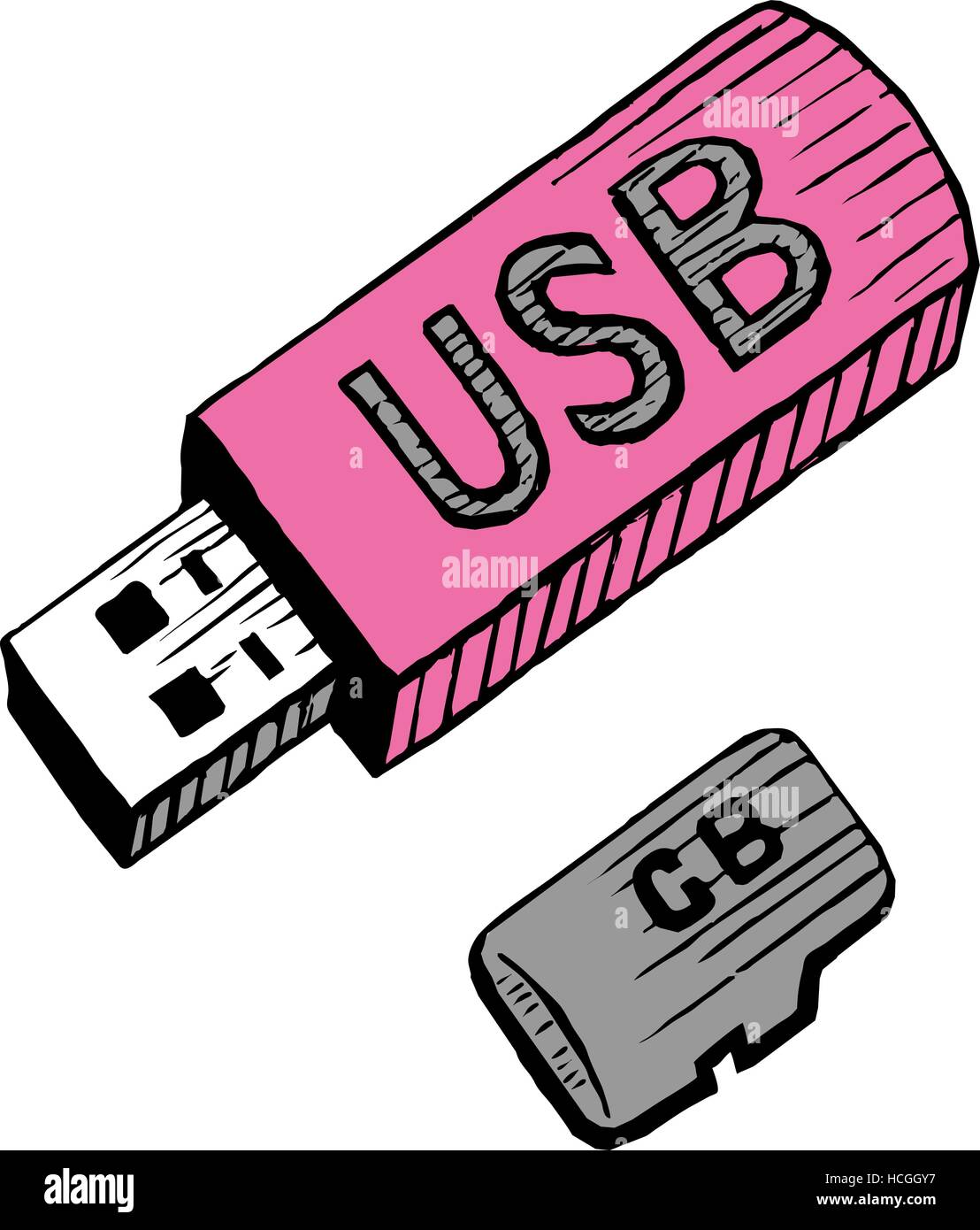 Clé USB et carte mémoire croquis dessinés à la main, Illustration de Vecteur