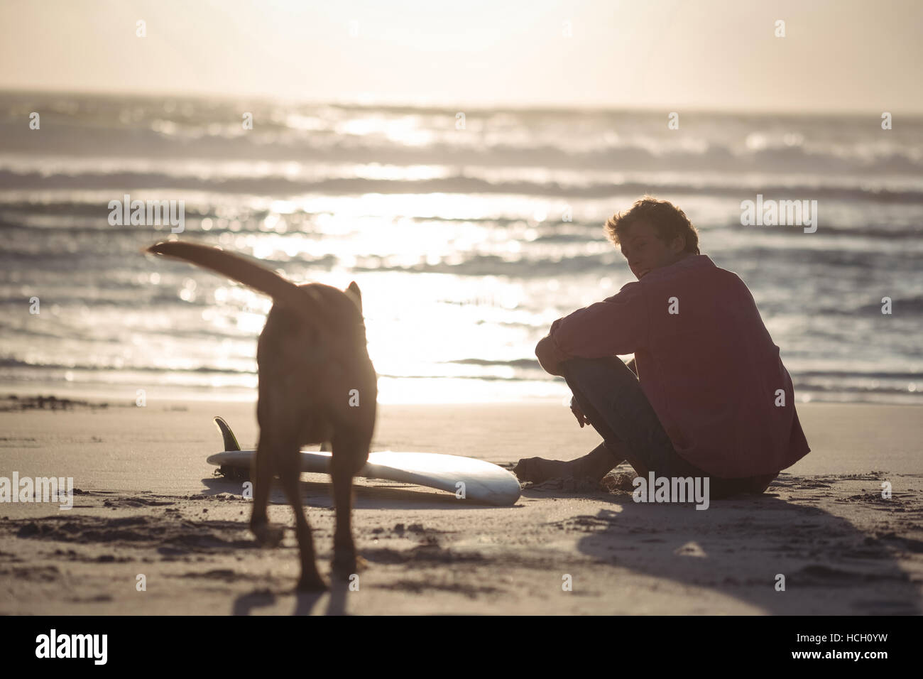 Man with surfboard assis sur plage avec son chien Banque D'Images