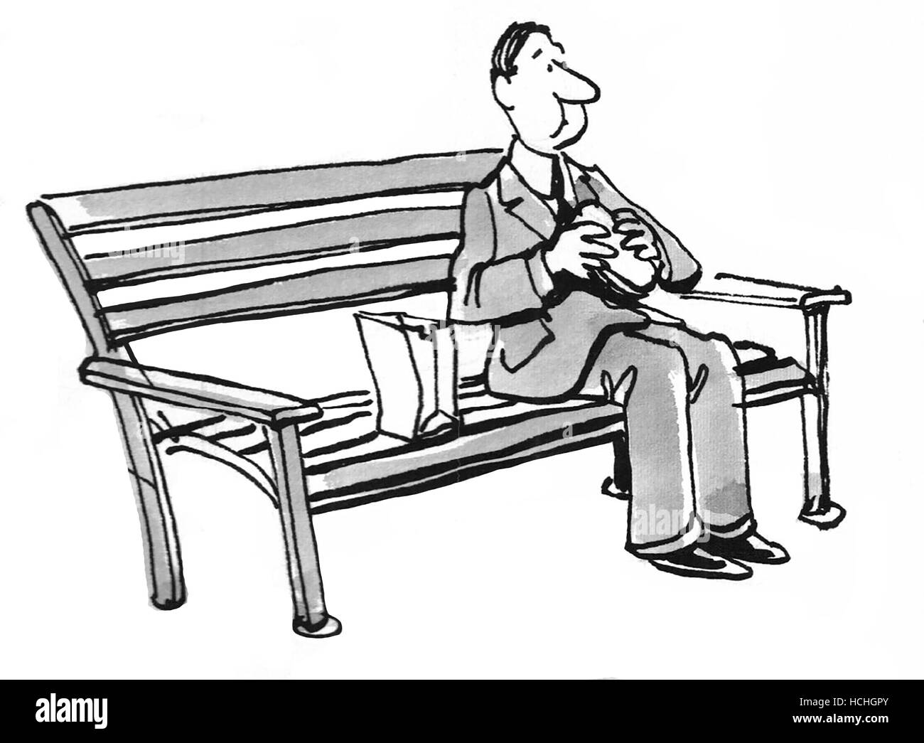 Illustration noir et blanc de l'homme en train de manger un sandwich, assis sur un banc de parc. Banque D'Images