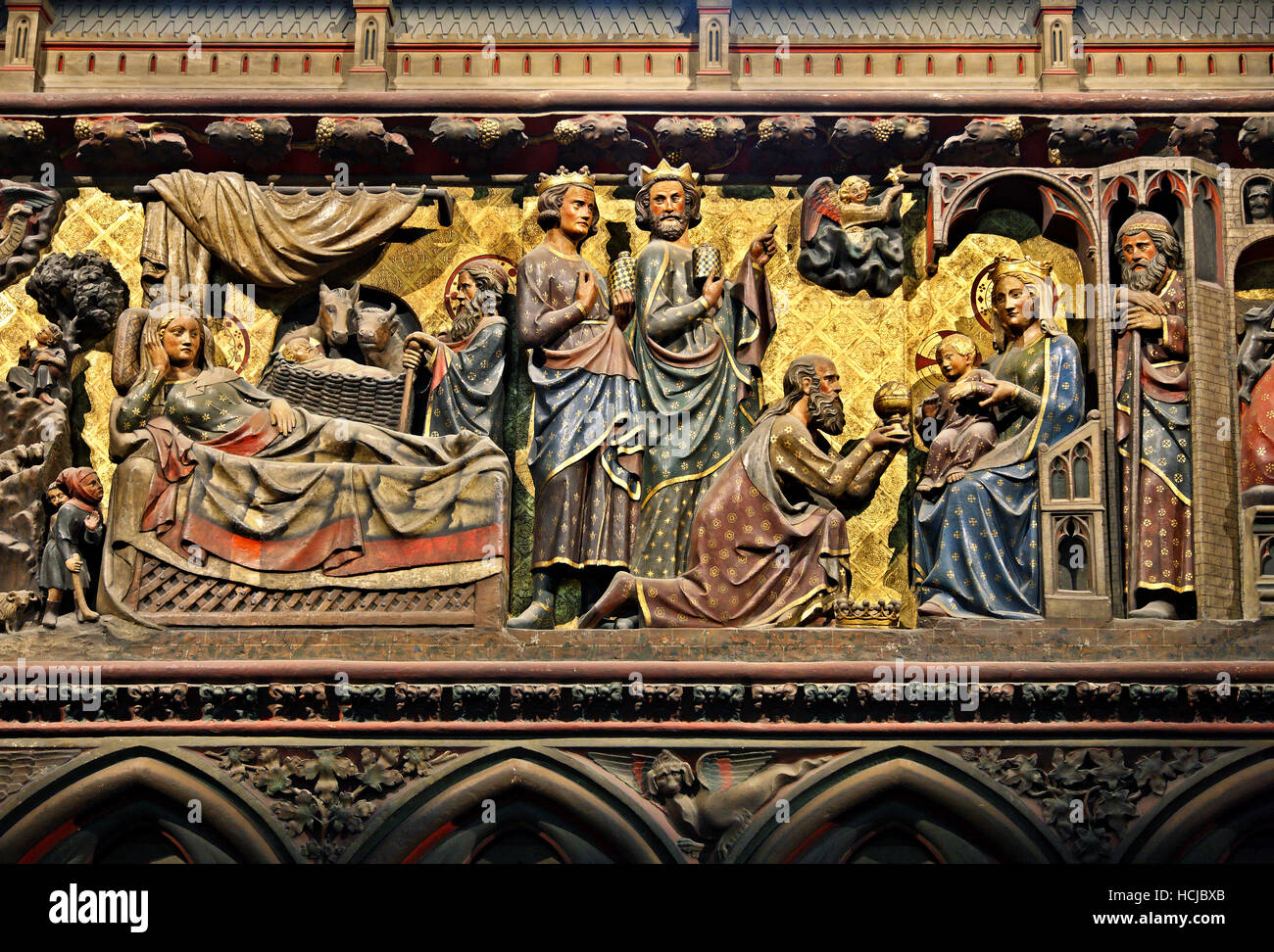 Les panneaux de bois du 14ème siècle représentant des scènes de la vie de Jésus Christ à l'intérieur de la Cathédrale Notre Dame, Paris, France. Banque D'Images