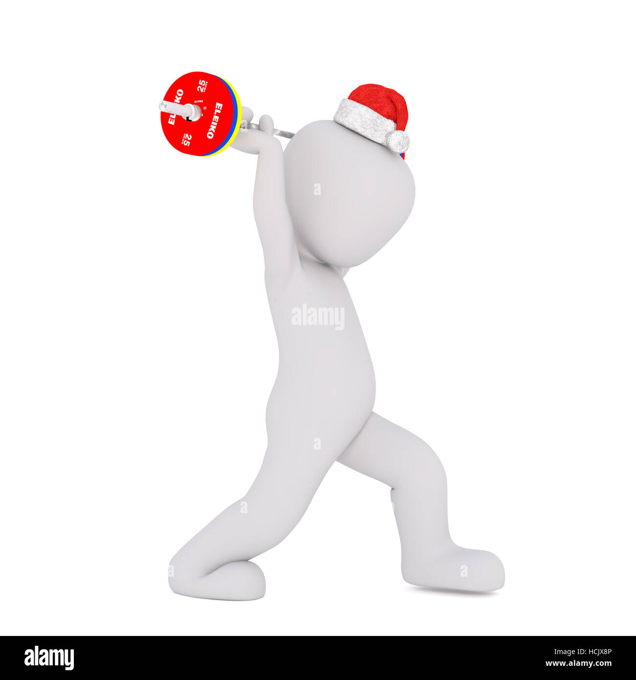 3d man sportive dans un peu red Christmas hat soulever des poids dans une salle de sport à relever la barre au-dessus de sa tête, rendus illustration on white Banque D'Images