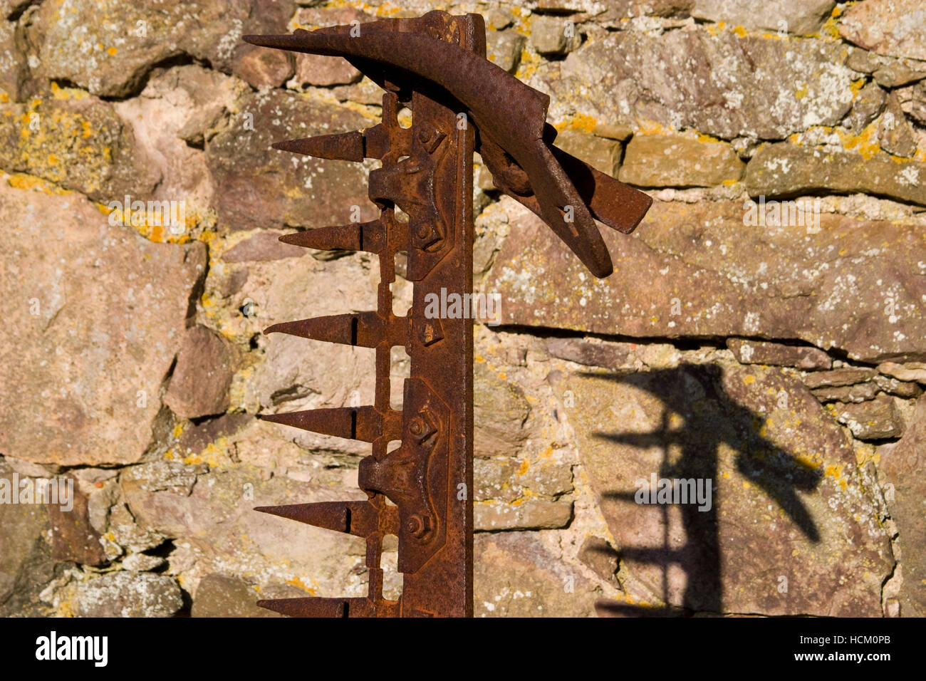 Des outils agricoles rouillés contre mur de pierre Banque D'Images