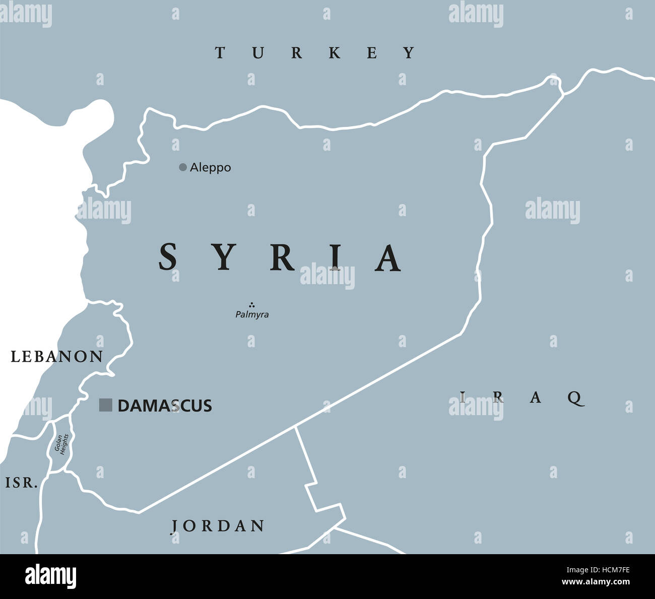 Carte politique de la Syrie avec la capitale Damas, les frontières nationales et les pays voisins. République arabe en Asie de l'Ouest. Banque D'Images