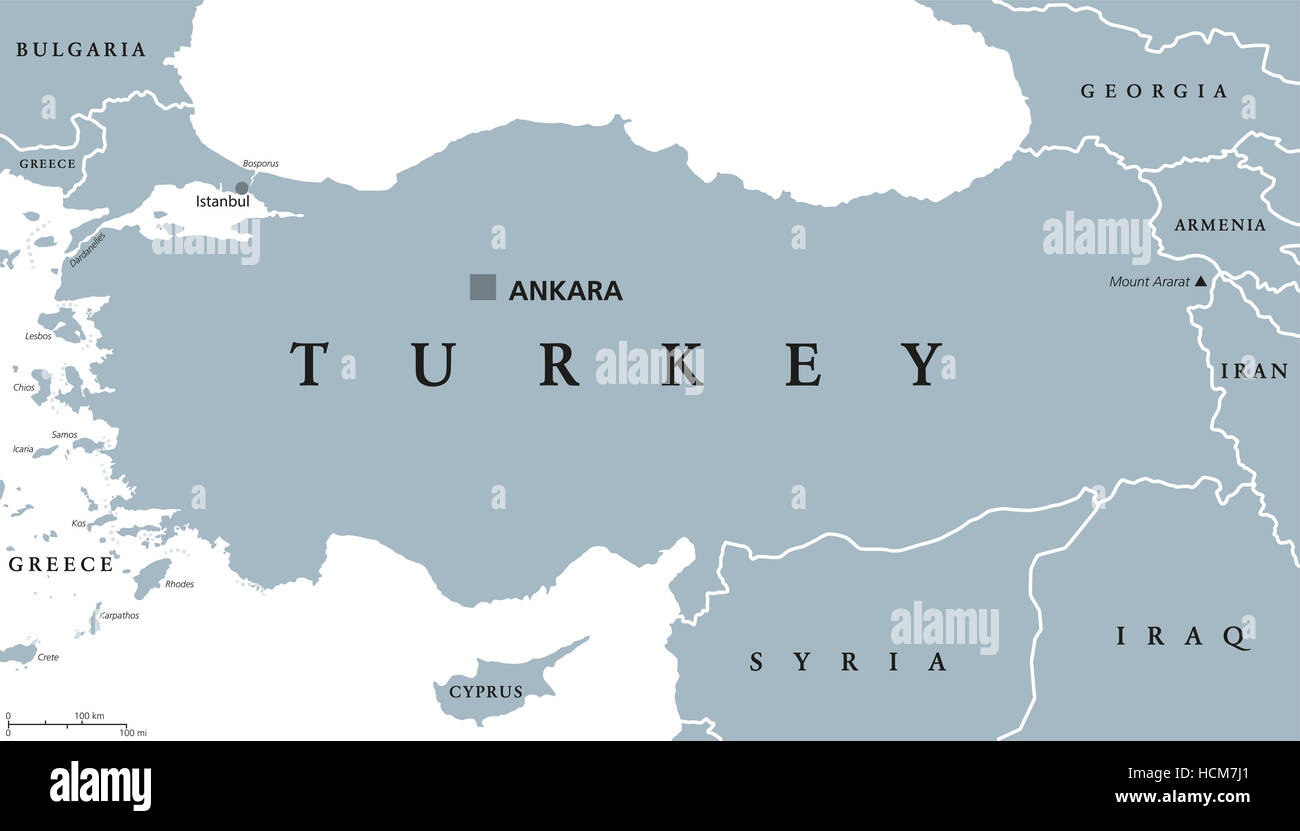 Carte politique de la Turquie à Ankara, capitale des frontières nationales et les pays voisins. Au cours de l'Eurasie. Gris illustration. Banque D'Images