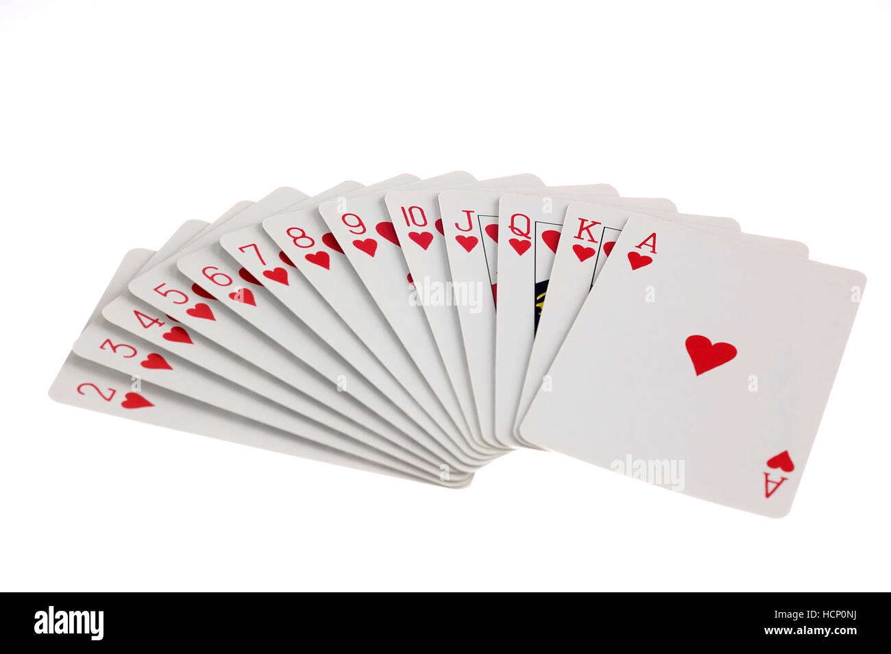 Jeu complet de cartes à jouer à coeur isolé sur fond blanc Banque D'Images