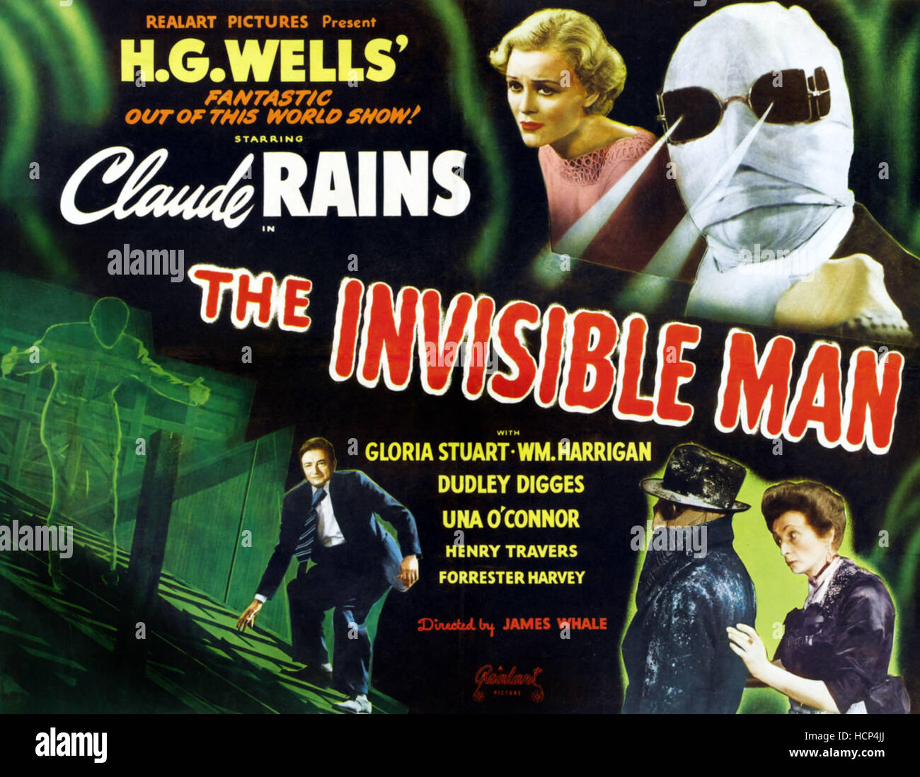 L'homme invisible, en haut de gauche à droite : Gloria Stuart, Claude Rains, en bas à droite : Claude Rains, Una O'Connor sur l'art de l'affiche de 1947, 1933 Banque D'Images