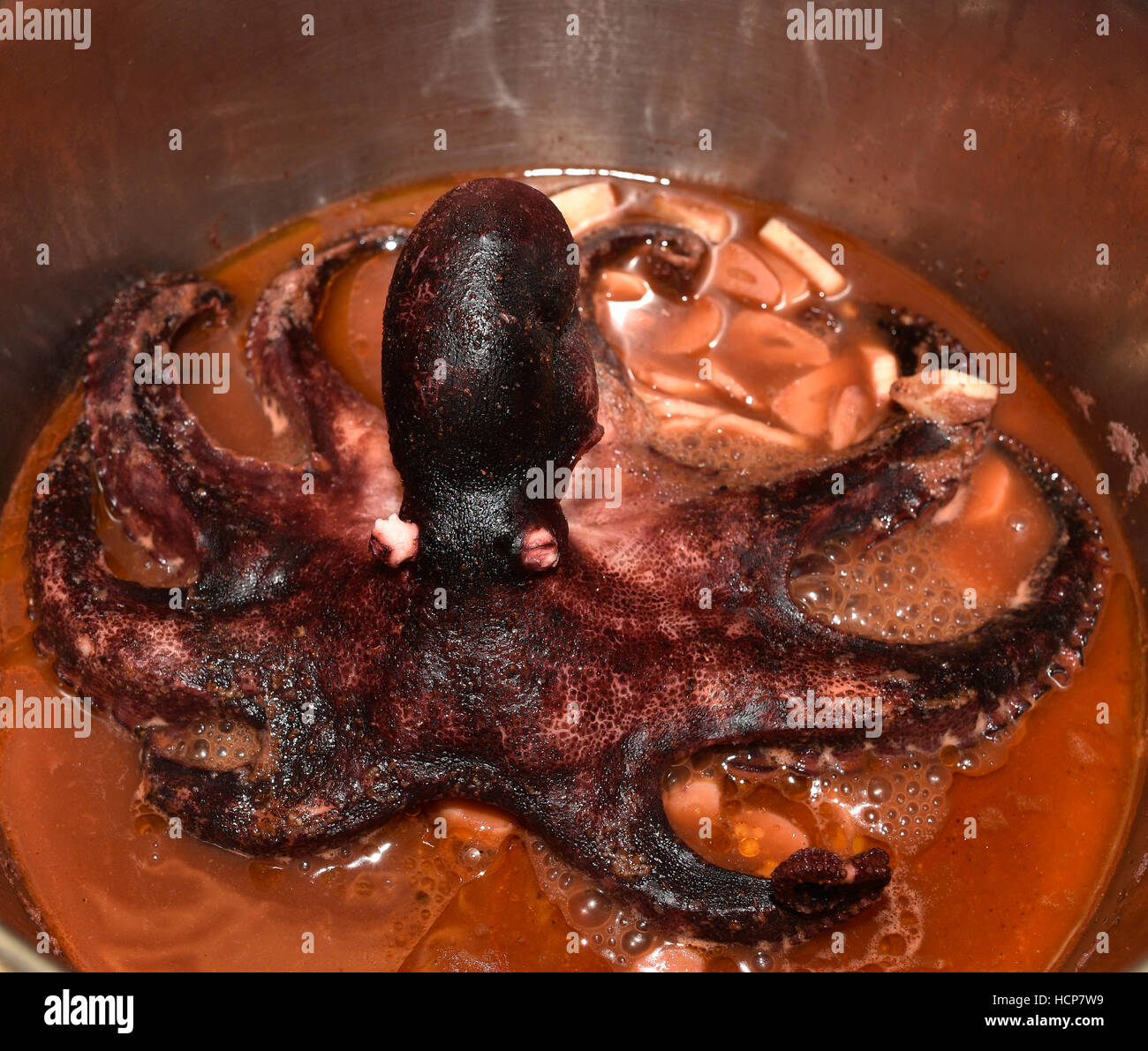 Ensemble bébé octopus en pot, galicien, style plat espagnol, Tenerife, Canaries, Espagne Banque D'Images