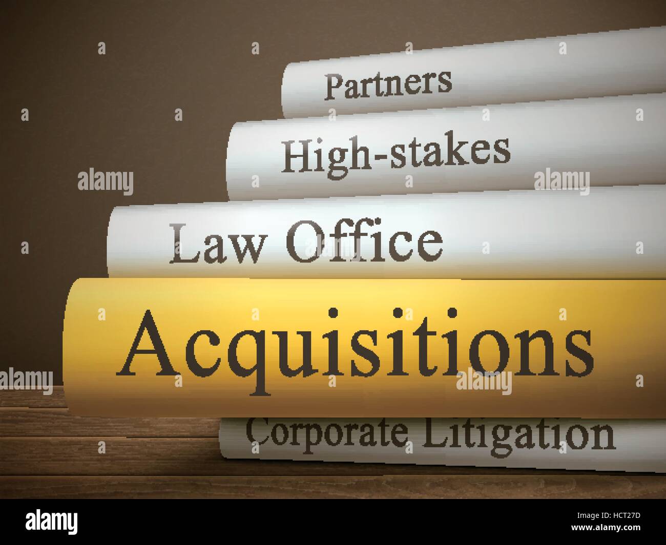 Titre de l'ouvrage d'acquisitions isolé sur une table en bois sur fond sombre Illustration de Vecteur