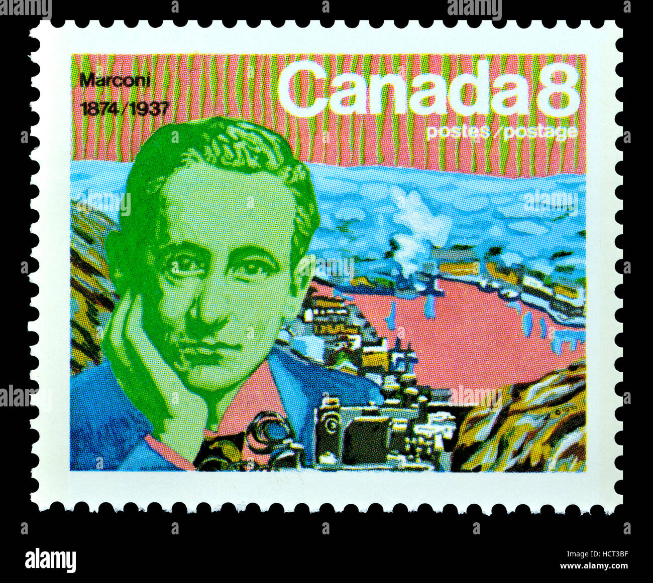 Timbre-poste canadien (1974) : Guglielmo Marconi, 1874 - 1937) ingénieur en électricité et inventeur italien connu pour son travail de pionnier sur longue distance Banque D'Images