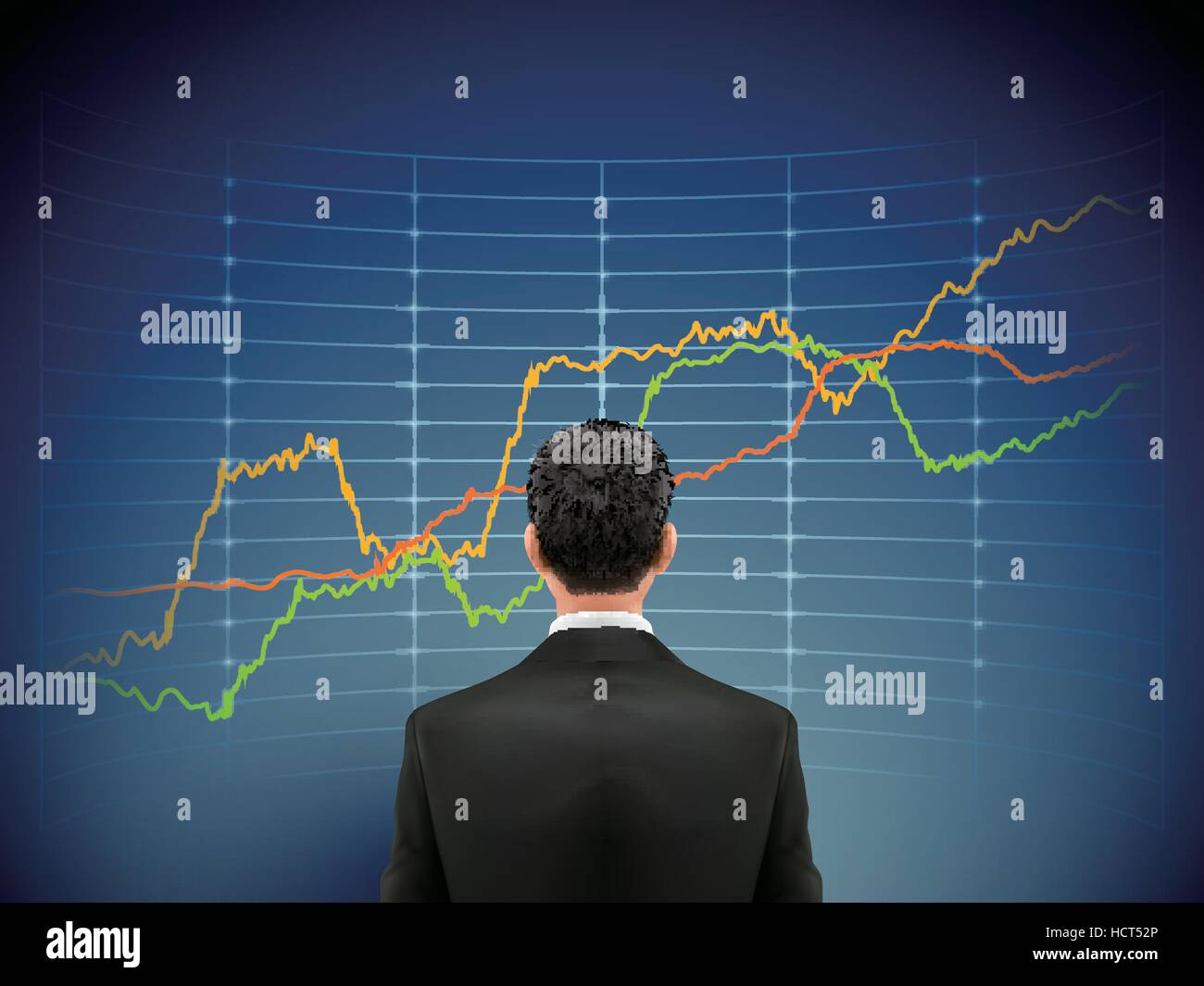Businessman se place en avant des forex graphique sur fond bleu Illustration de Vecteur