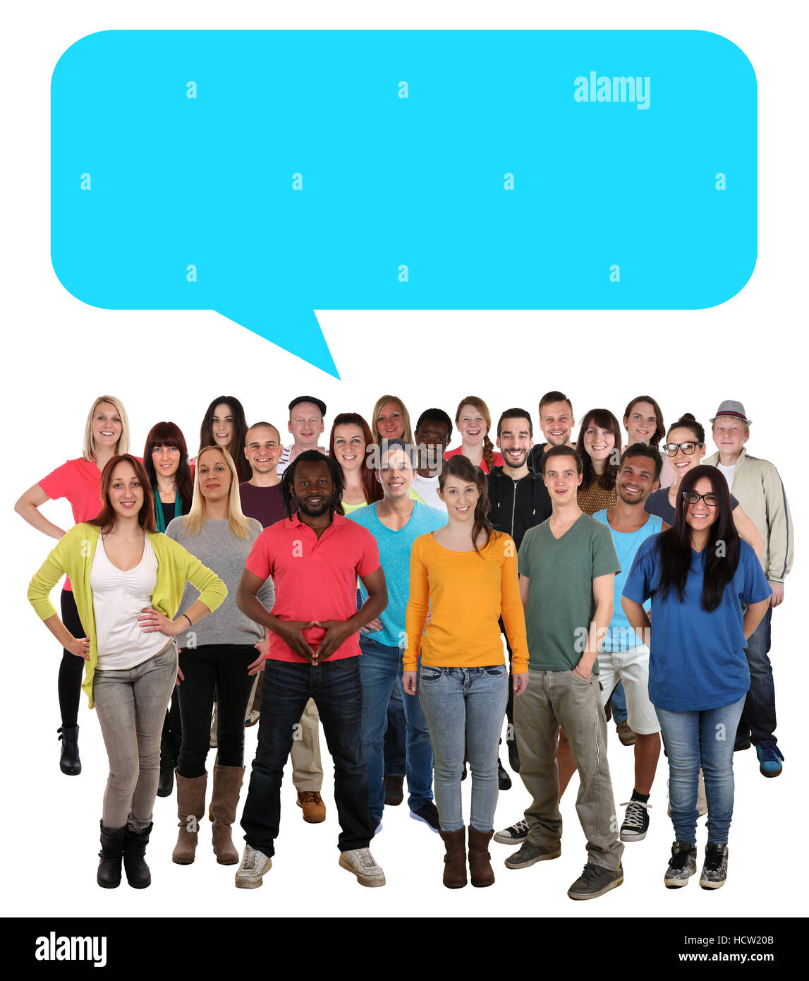 Multi Ethnic groupe de jeunes gens parler disant bulle copyspace copy space Banque D'Images