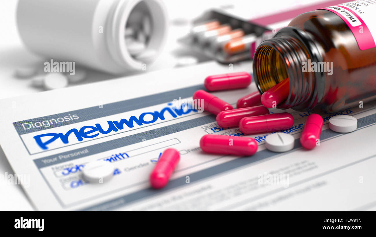 La pneumonie - Diagnostic manuscrite dans l'anamnèse. Medicine Concept avec Red Pills, vue rapprochée, Selective Focus. Une phrase dans la pneumonie extra Maladies Banque D'Images