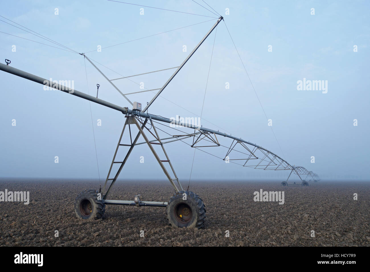 L'Irrigation des cultures en utilisant le pivot central du système de gicleurs dans le brouillard d'hiver . Banque D'Images
