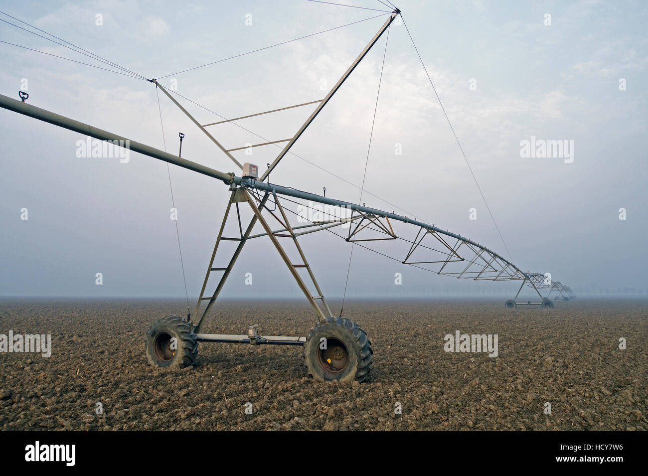 L'Irrigation des cultures en utilisant le pivot central du système de gicleurs dans le brouillard d'hiver . Banque D'Images