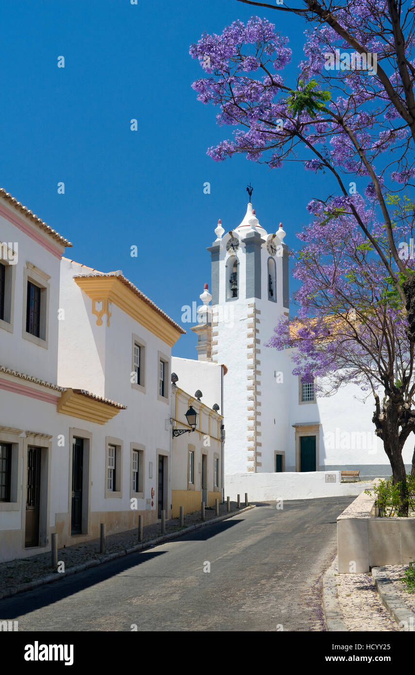 Le Portugal l'Algarve, Estoi village-rue et l'église avec des jacarandas en fleurs Banque D'Images