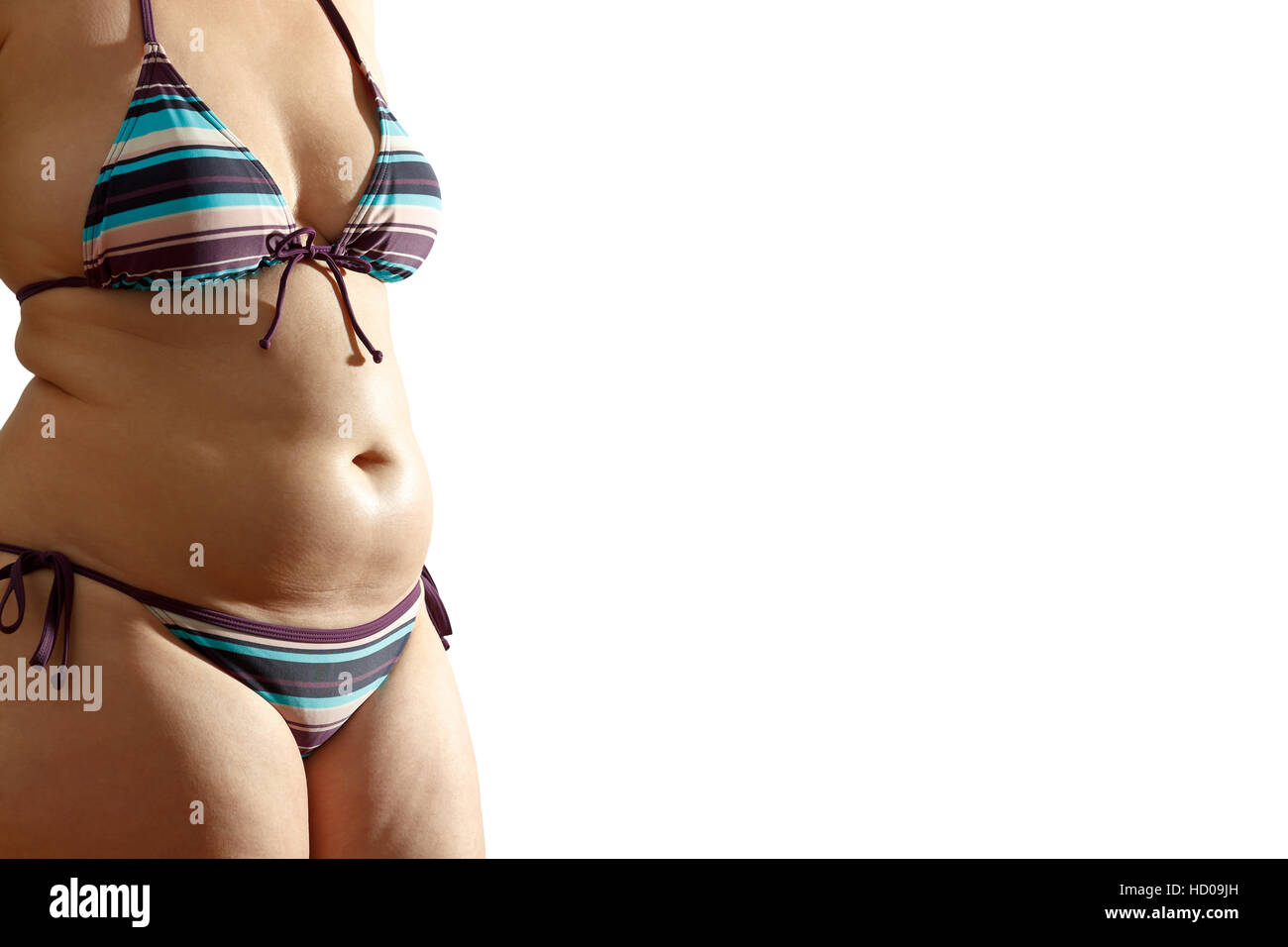 Corps de femme en bikini avec de la graisse excessive sur la taille et l'estomac, isolé, fond blanc, texte ou copy space Banque D'Images