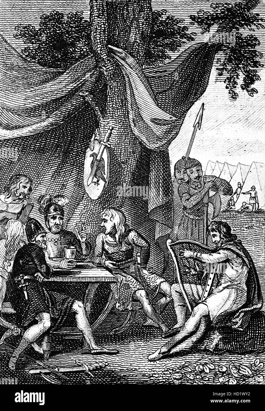 Alfred le Grand (849 - 899 AD ) fut roi du Wessex de 871 à 899. Juste avant la bataille d'Ashdown qui ont eu lieu dans le Berkshire, le 8 janvier 871, Alfred puis un prince de seulement 21 ans, s'est déguisé en un jongleur et sont entrés dans le camp Viking. Plus tard, il a dirigé l'armée de son frère, le Roi Ethelred de Wessex, dans une bataille victorieuse contre les envahisseurs danois (Vikings). Banque D'Images