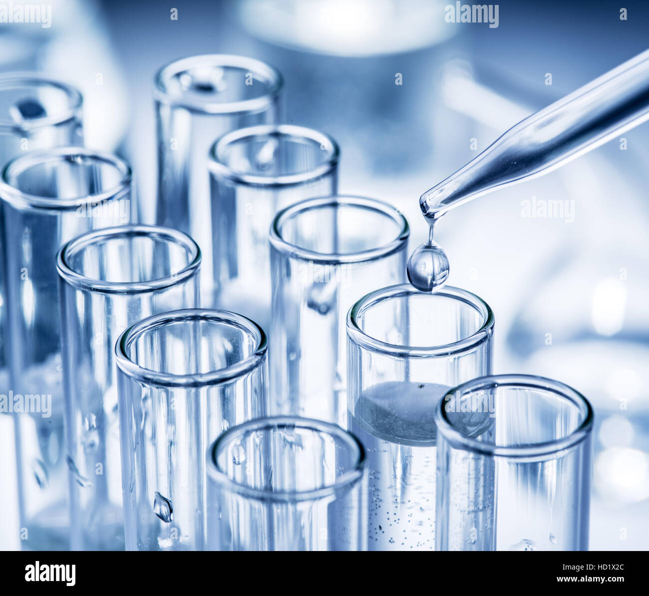 Différents béchers et verrerie de laboratoire. Monochrome. Banque D'Images