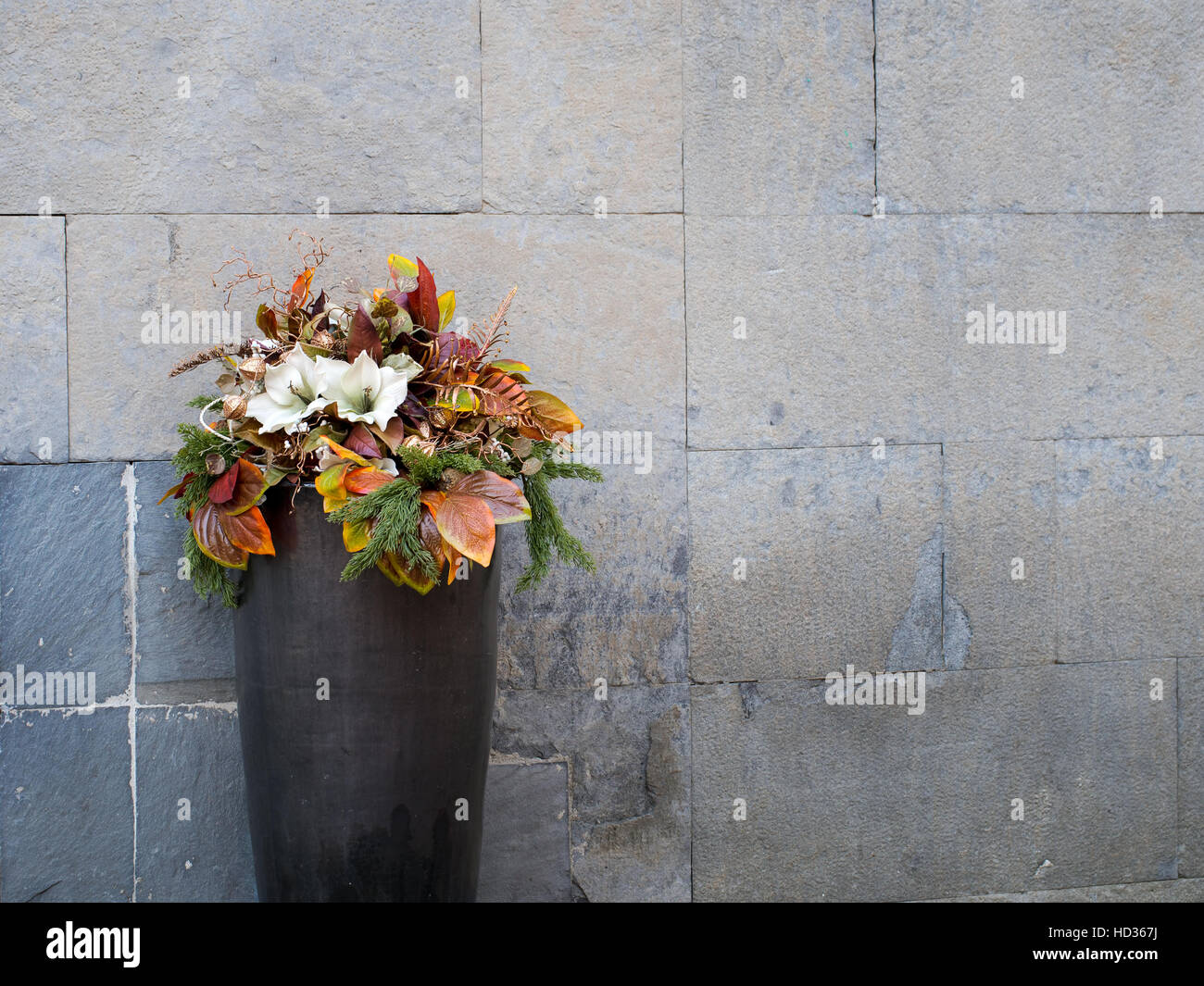 Décoration florale de Noël en milieu urbain. Les aiguilles de pin et de fleurs. Banque D'Images