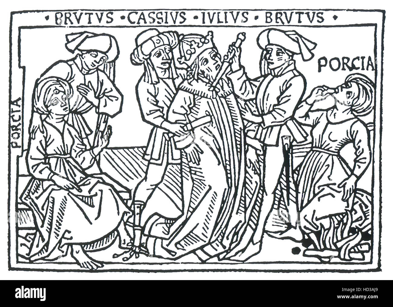 Jules César de Boccace 1374 Gravure sur bois, l'ouvrage de Casibus Virorum Illustrium (sur le sort d'hommes célèbres) montrant l'assassinat de Jules César Banque D'Images