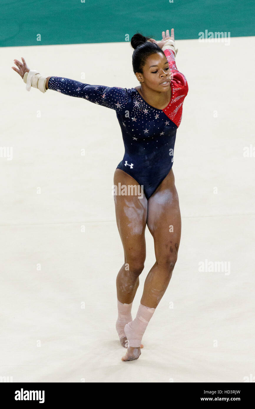 Rio de Janeiro, Brésil. 7 août 2016. Gabrielle Douglas (USA) effectue l'exercice au sol au cours de gymnastique féminine à la qualification olympique 2016 Banque D'Images