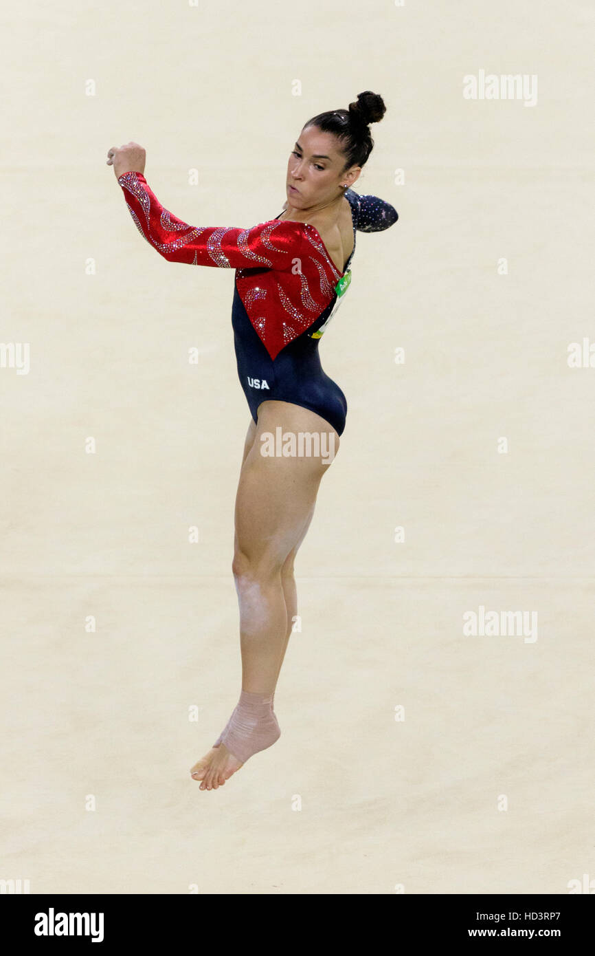 Rio de Janeiro, Brésil. 7 août 2016. Alexandra Raisman (USA) effectue l'exercice au sol au cours de gymnastique féminine à la qualification olympique 2016 Banque D'Images