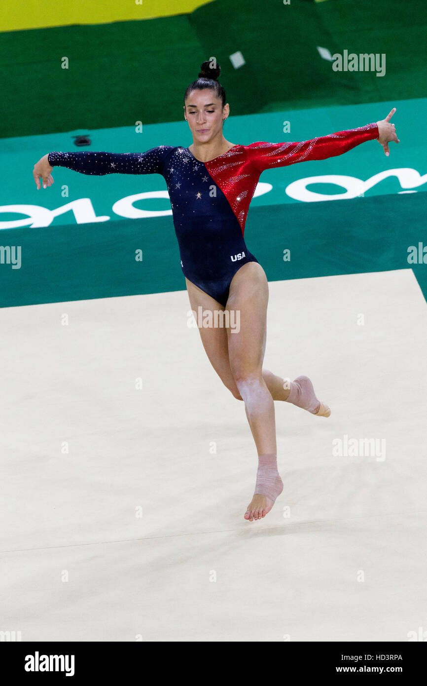 Rio de Janeiro, Brésil. 7 août 2016. Alexandra Raisman (USA) effectue l'exercice au sol au cours de gymnastique féminine à la qualification olympique 2016 Banque D'Images