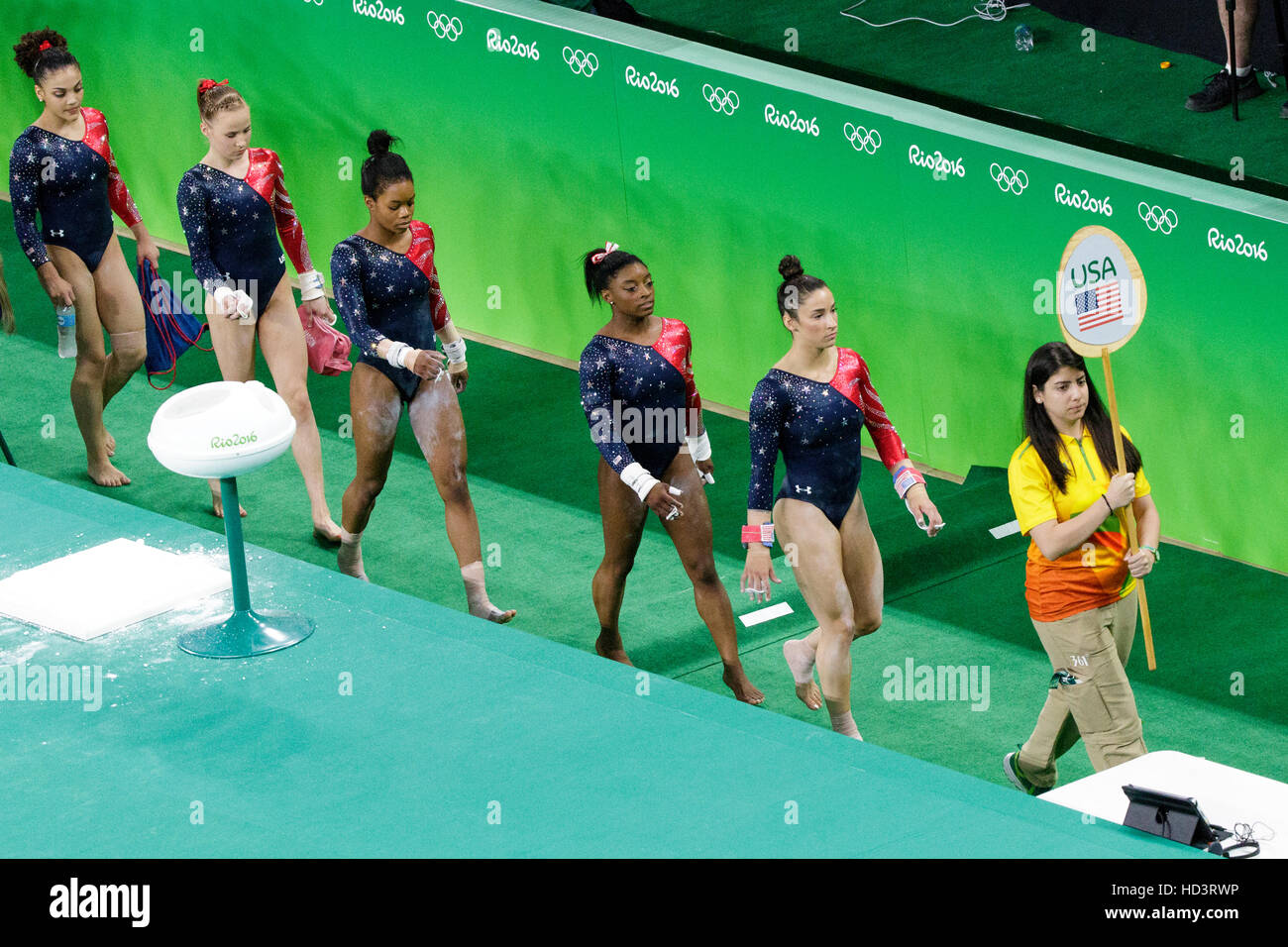 Rio de Janeiro, Brésil. 7 août 2016. Au cours de l'équipe États-unis Women's Gymnastics qualifier Banque D'Images