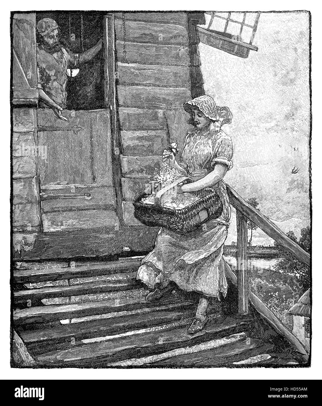 Les Miller la pariade. Une gravure à partir de novembre 1883 la question de l'anglais Illustrated Magazine. Gravée par O. Lacour D'après un dessin de R. W. Macbeth, A.R.A. À partir d'une série d'illustrations pour l'article dans les fens. Banque D'Images