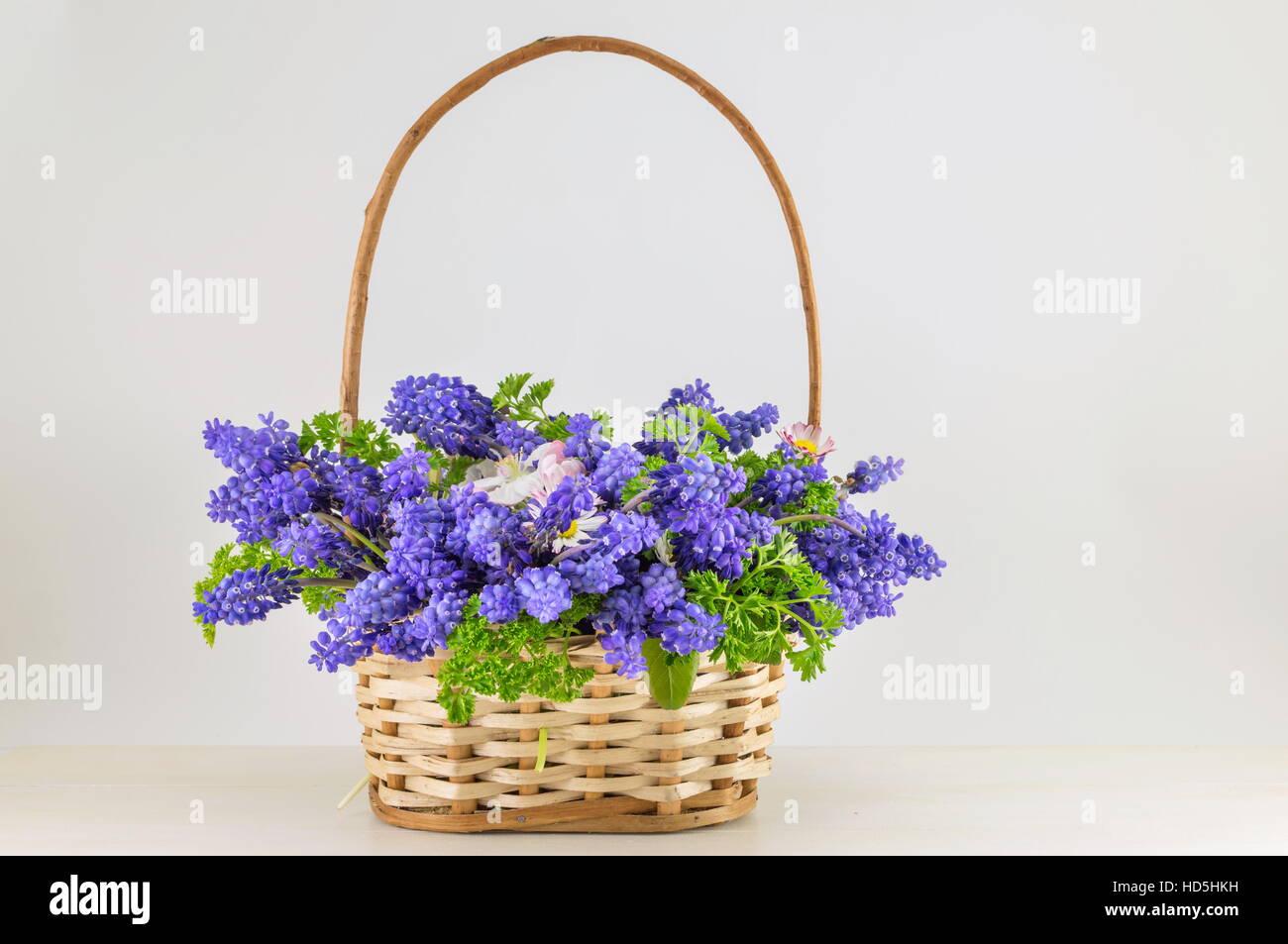 Bluebell flowers bouquet dans un panier en osier Banque D'Images