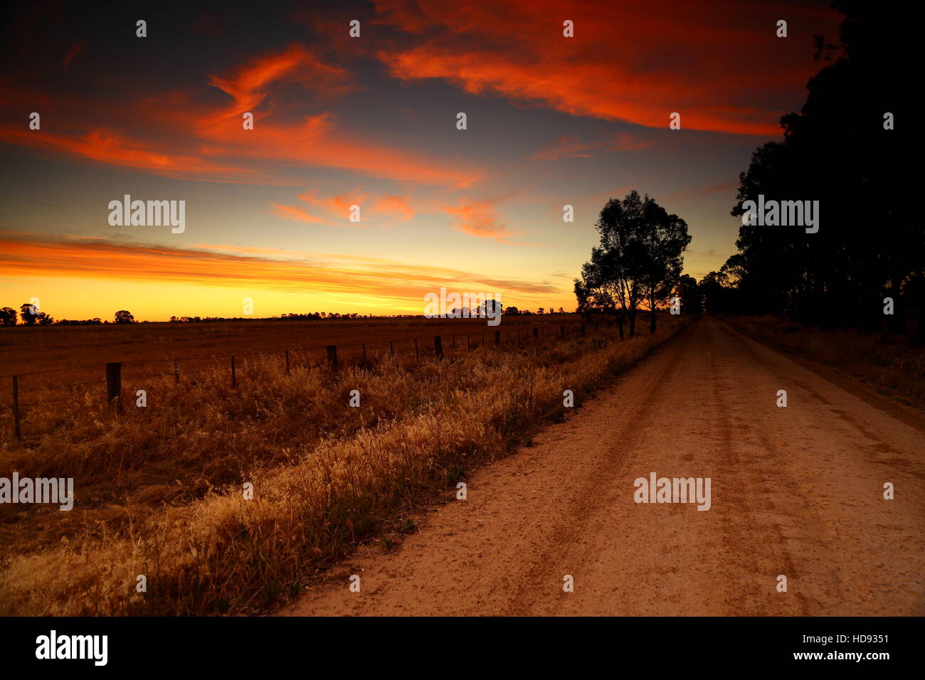 Terrain agricole coucher du soleil sur une route de l'Australie Banque D'Images