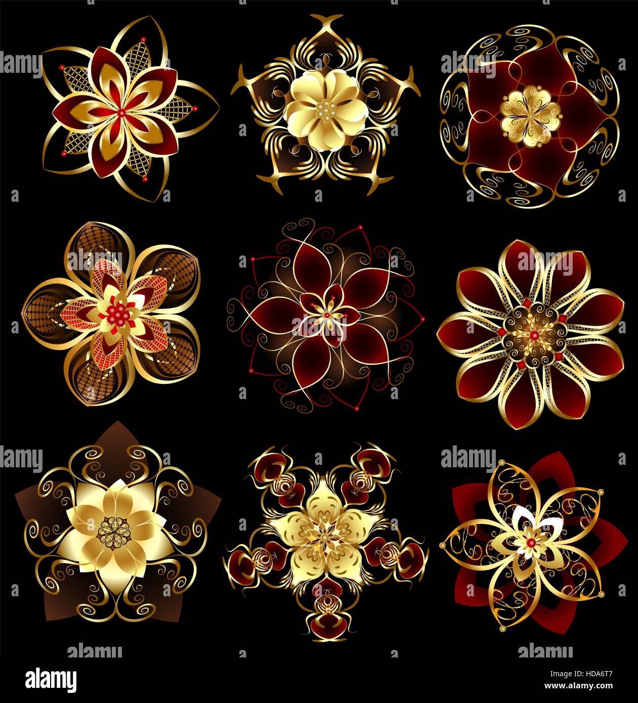 Ensemble d'abstrait, de bijoux, d'or, fleurs stylisées sur un fond noir. Illustration de Vecteur