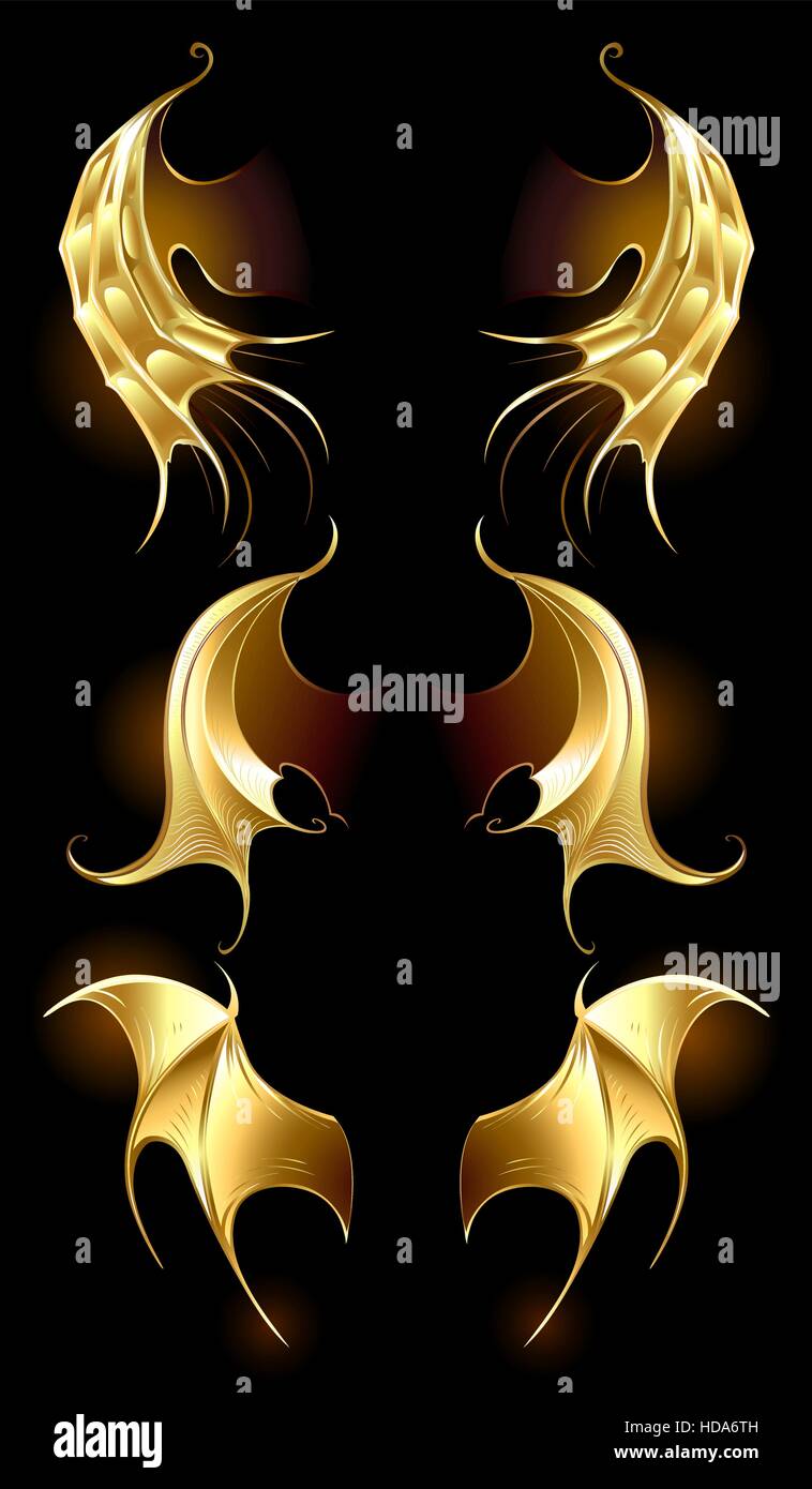 Artistiquement, peint les ailes du dragon doré sur fond noir. Illustration de Vecteur