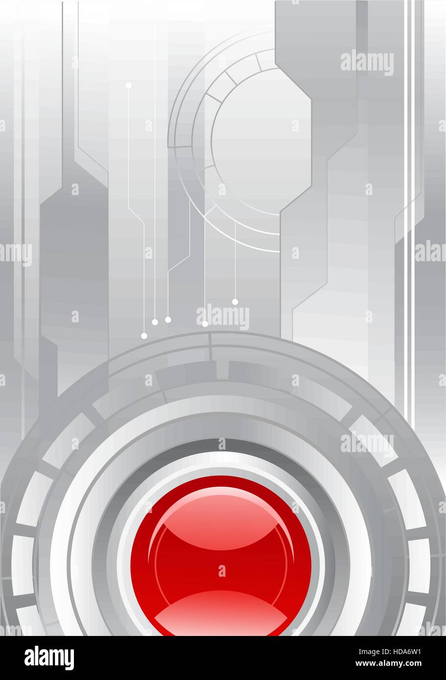 Fond gris technologie avec un résumé du mécanisme circulaire, équipé d'une lentille rouge vif. Illustration de Vecteur