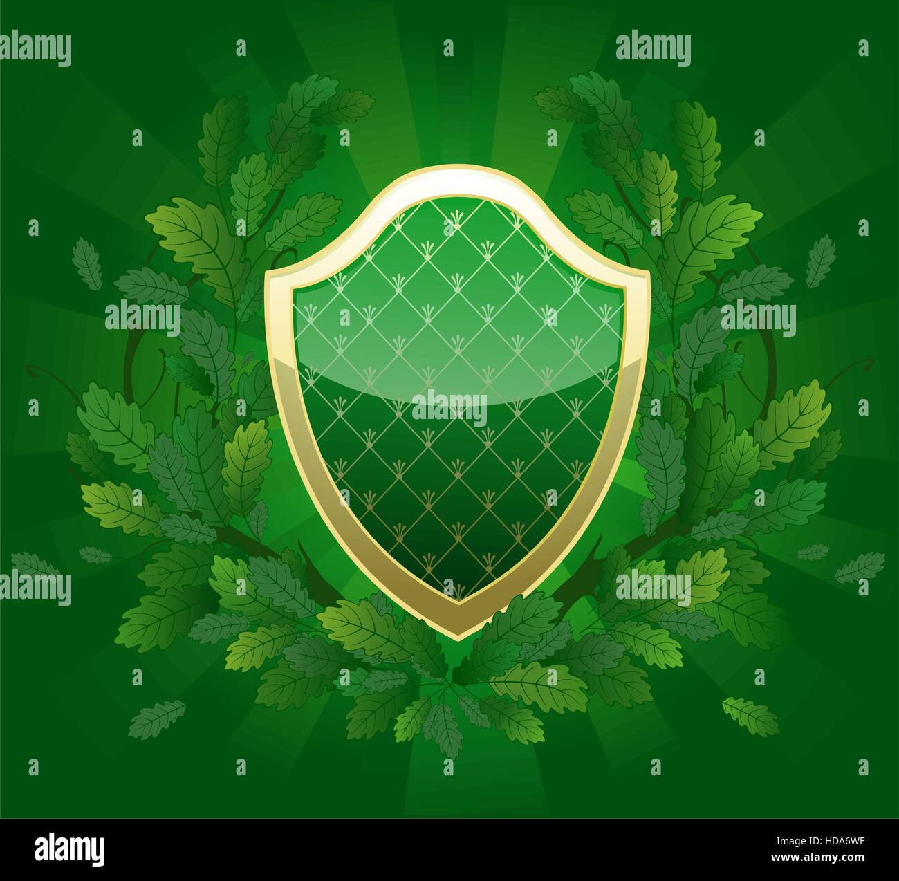 Green Shield avec un motif royal, décoré avec des branches de chêne d'arrière-plan lumineux vert Illustration de Vecteur