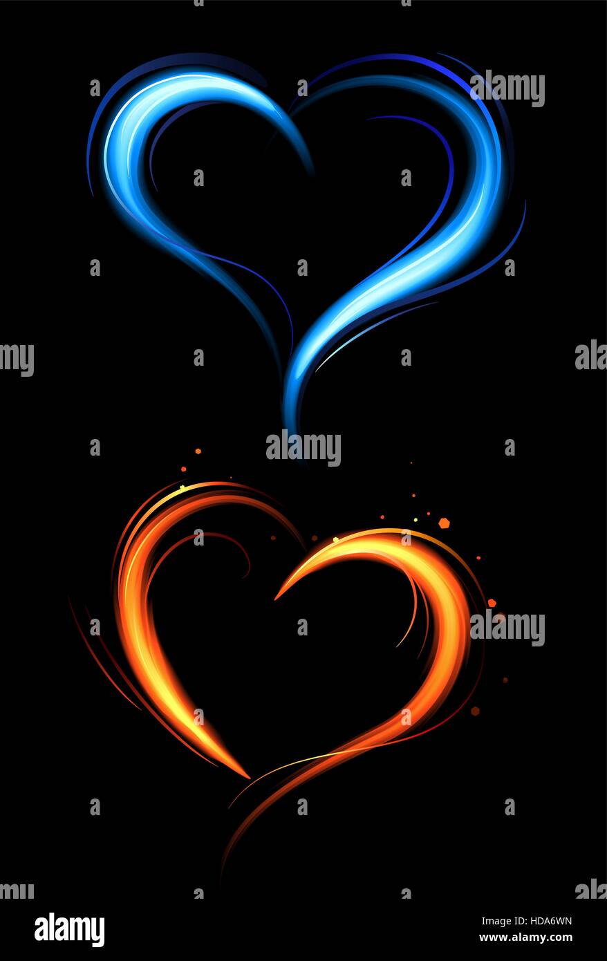 Le cœur dessiné avec feu rouge et bleu sur un fond noir. Illustration de Vecteur
