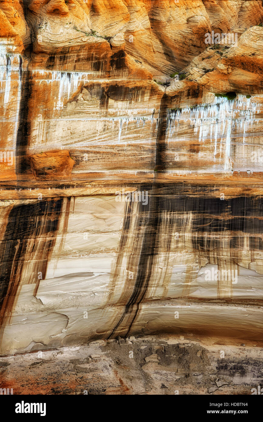 Maison coulissante ruines restent à la base des murs colorés vernis du désert de l'Arizona's Canyon de Chelly National Monument. Banque D'Images
