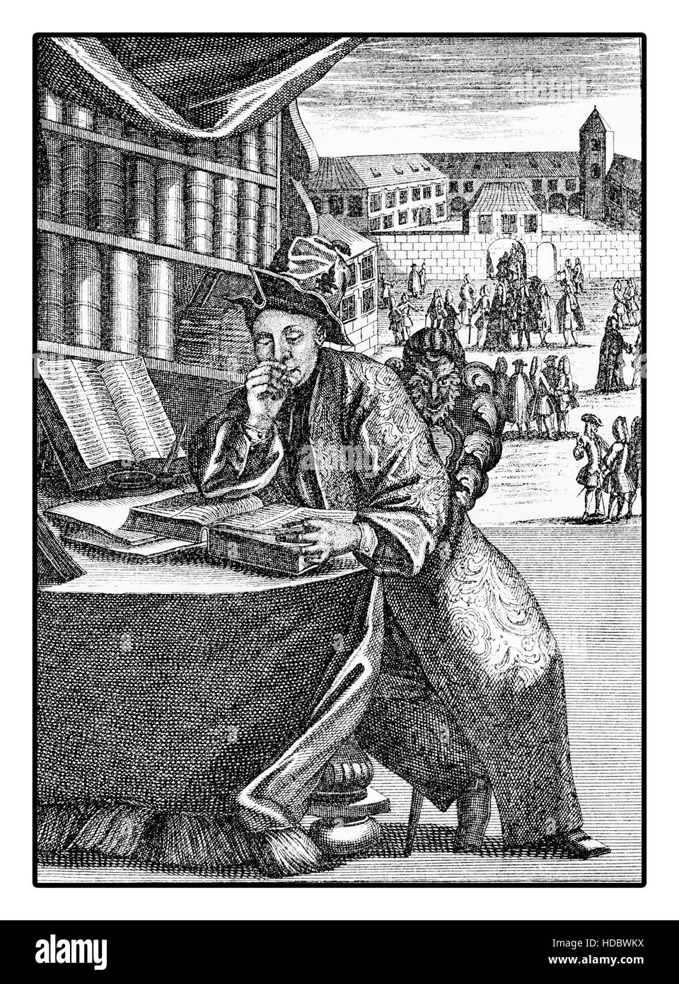 Portrait d'étudiant absorbée dans la lecture de livres, la gravure du XVIII siècle Banque D'Images Portrait d'étudiant absorbée dans la lecture de livres, la gravure du XVIII siècle Banque D'Images