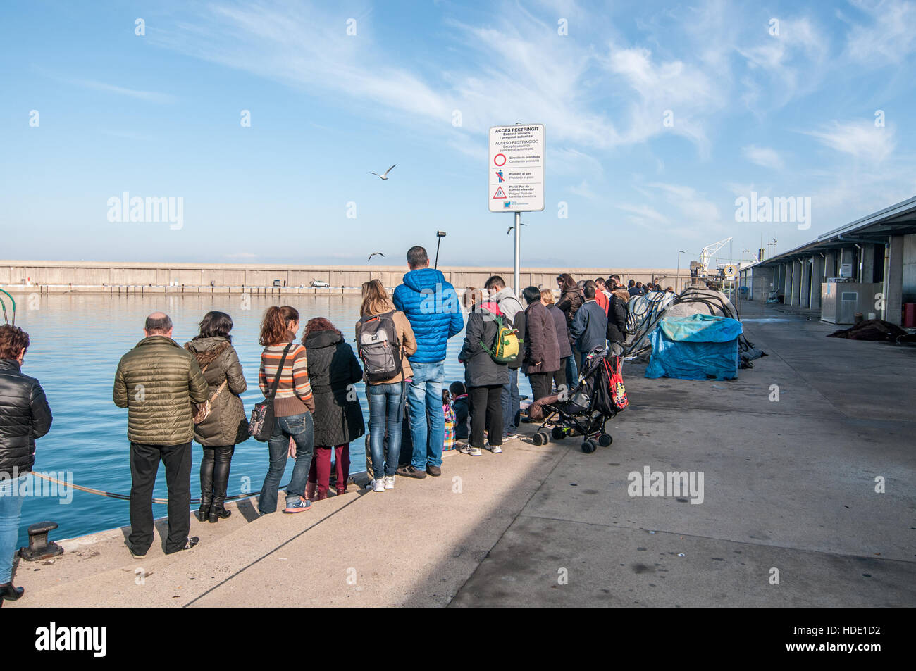 Groupe de personnes regardant un gros thon dans le port de l'Escala, Costa Brava, Catalogne Banque D'Images
