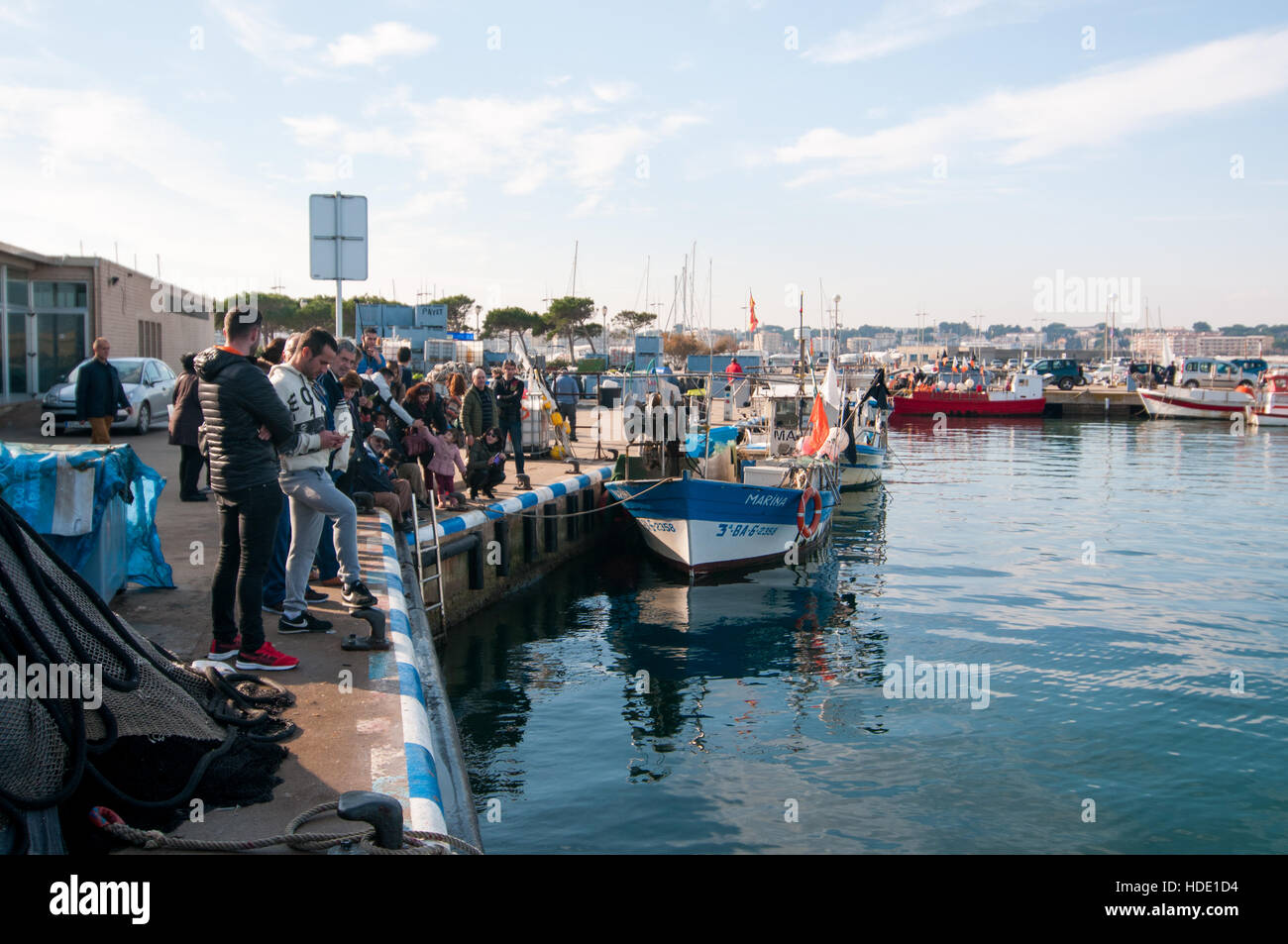 Groupe de personnes regardant un gros thon dans le port de l'Escala, Costa Brava, Catalogne Banque D'Images